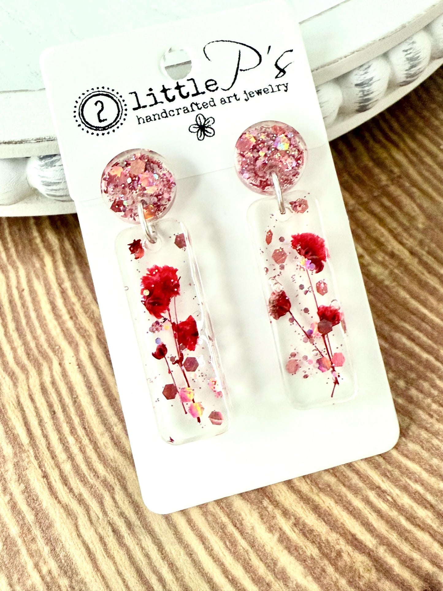 Blushing Bloom Resin Earrings – Pressed Flower Dangle Earrings with Pink Glitter Studs | Lightweight Handmade Gift