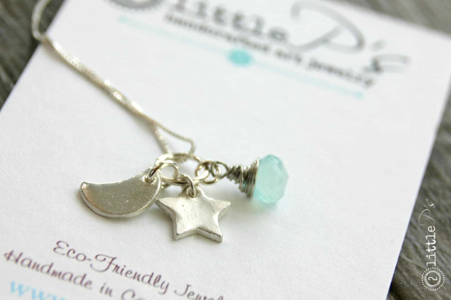Celestial Joy – Moon, Star & Aqua Gem Charm Necklace | Eco-Friendly Sterling Silver Jewelry | Handmade in Coastal Virginia