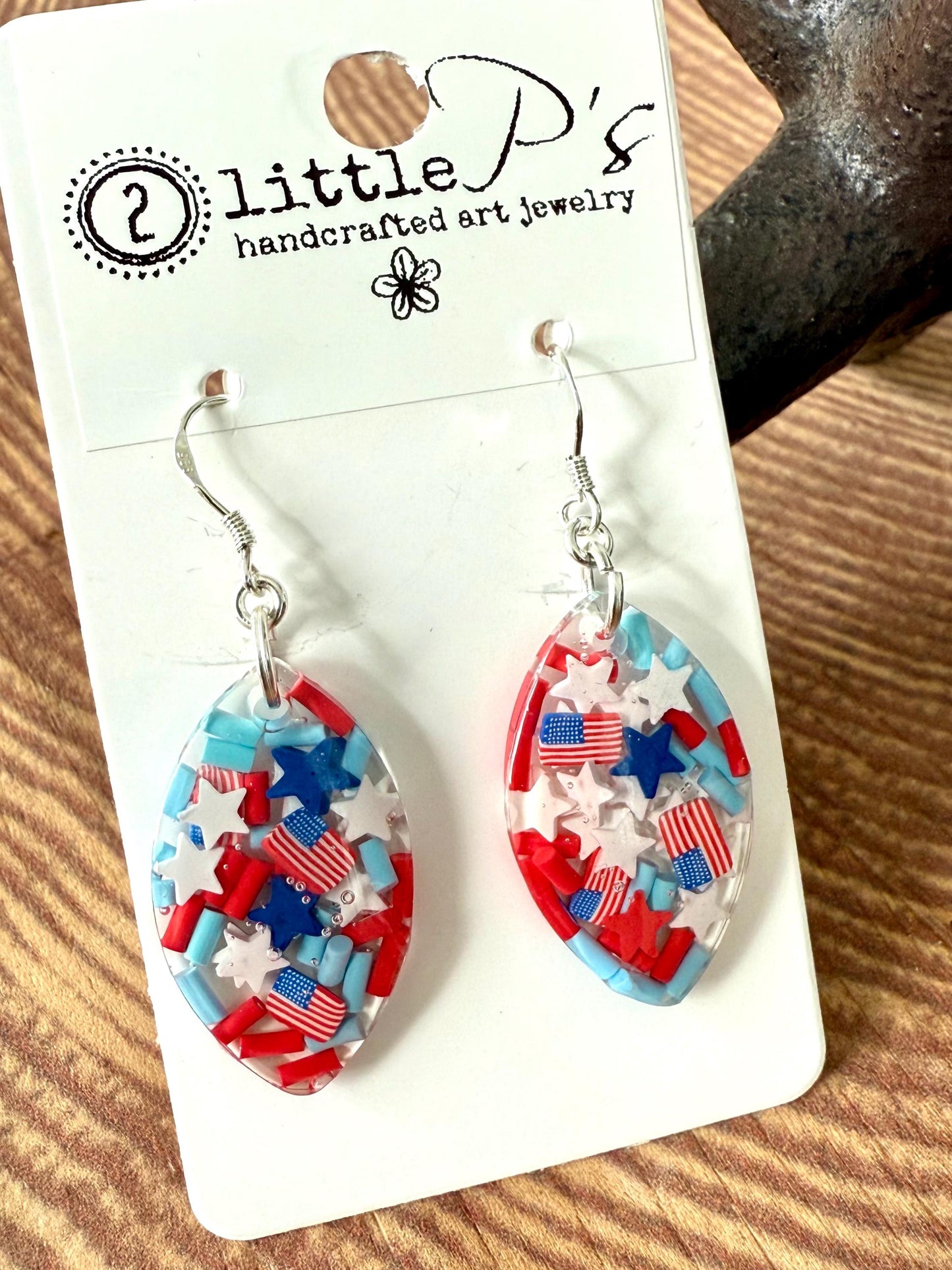 Patriotic Oval Resin Earrings Handmade Red, White and Blue Dangle Earrings with Stars & Flags