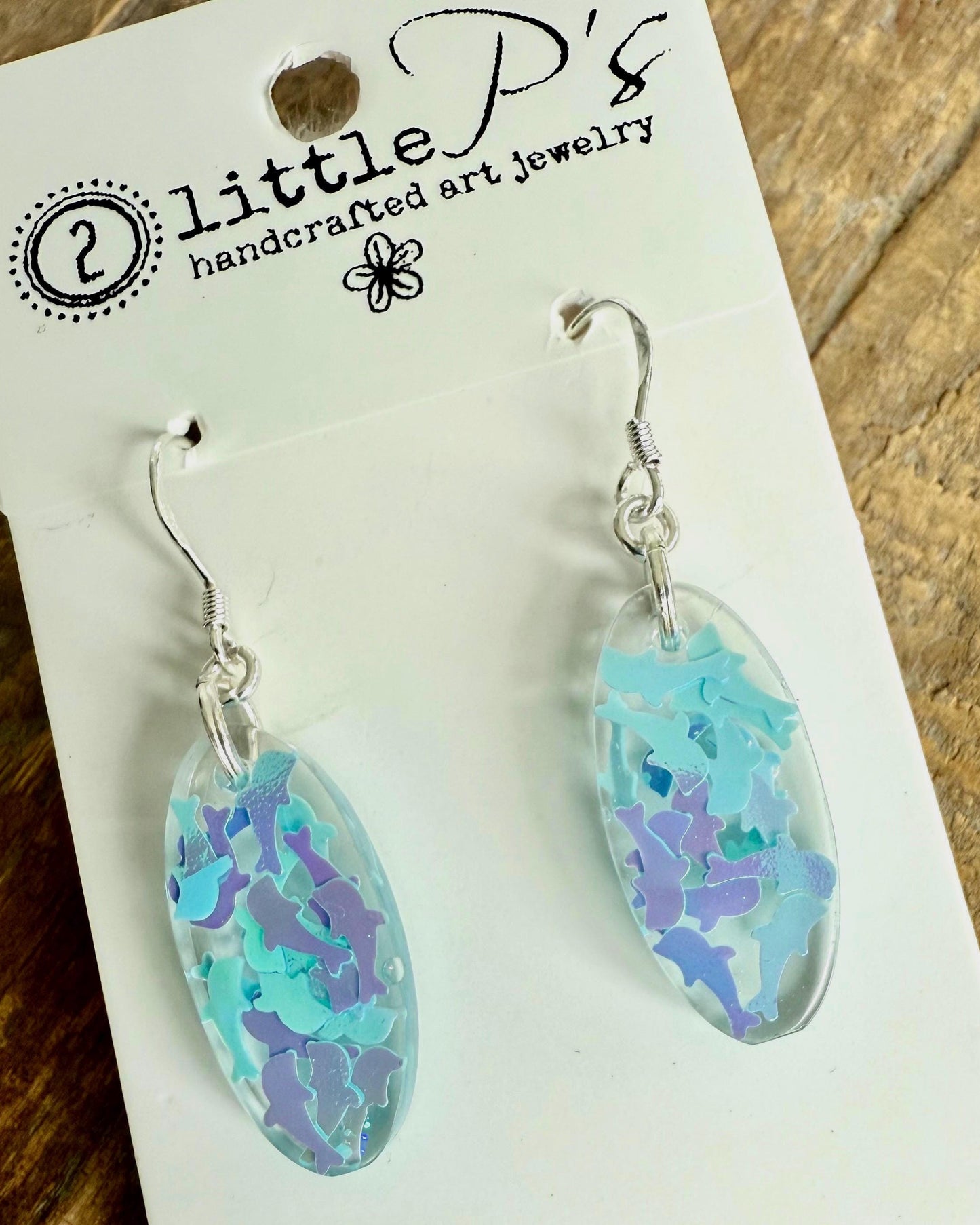Handcrafted Resin Earrings with Iridescent Dolphin Confetti – Ocean-Inspired Dangle Earrings