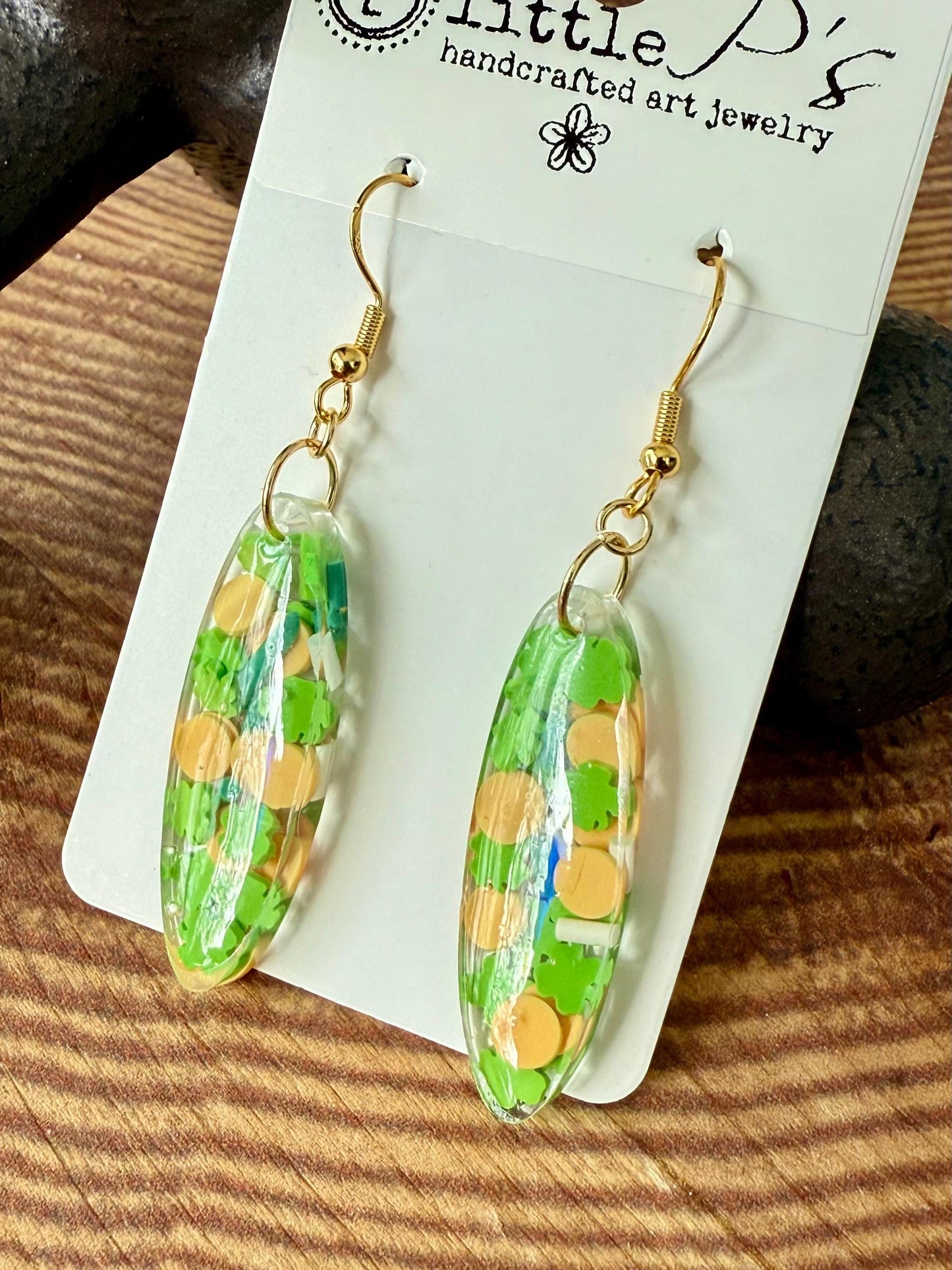 Handcrafted Resin Dangle Earrings with Green Shamrock & Yellow Dot Accents – St. Patrick’s Day Inspired Jewelry