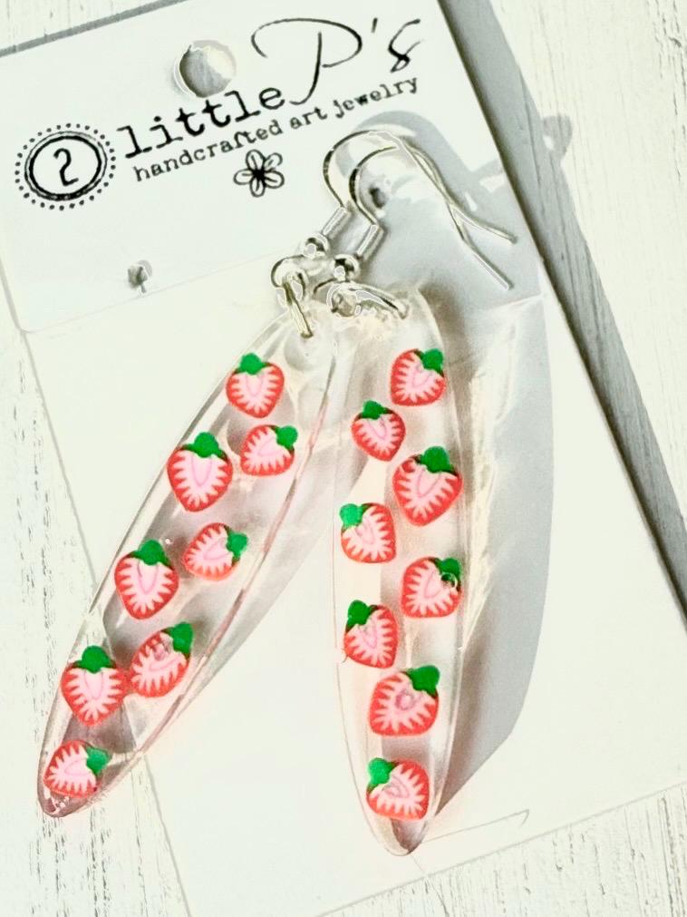 Handcrafted Strawberry Dangle Earrings – Resin Fruit Earrings – Cute Statement Jewelry – Gift for Her – Handmade by 2 Little P’s