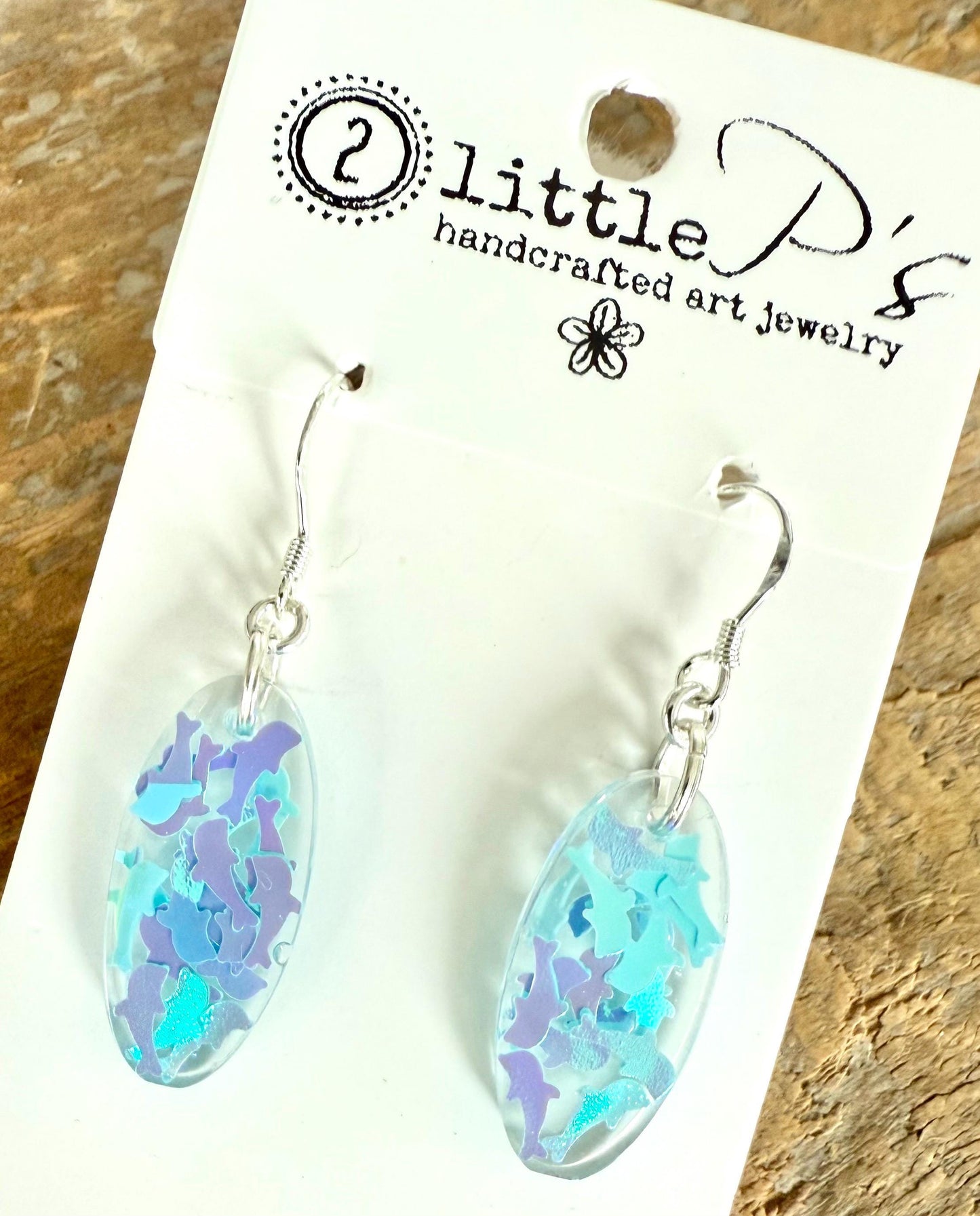 Handcrafted Resin Earrings with Iridescent Dolphin Confetti – Ocean-Inspired Dangle Earrings