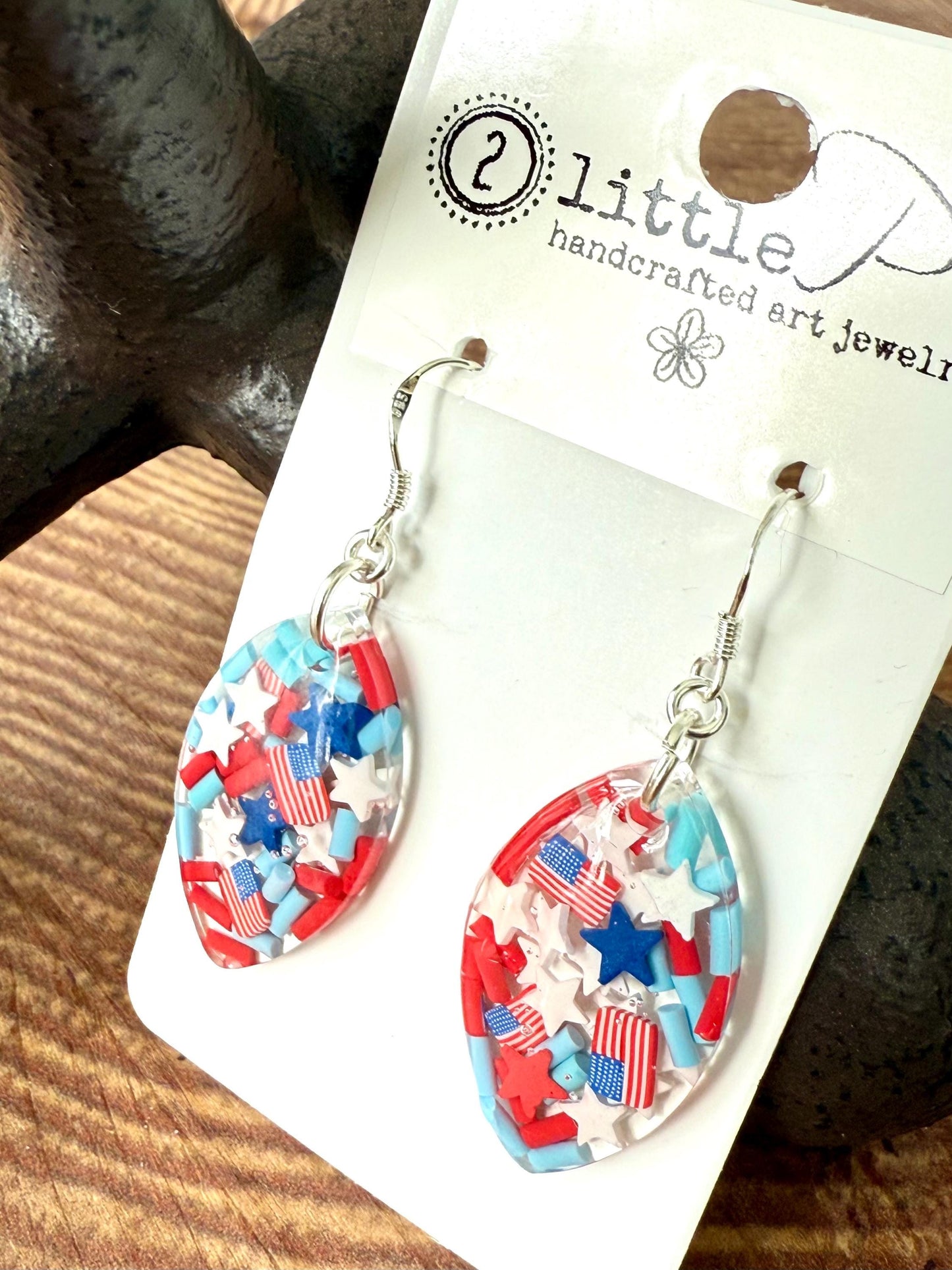 Patriotic Oval Resin Earrings Handmade Red, White and Blue Dangle Earrings with Stars & Flags