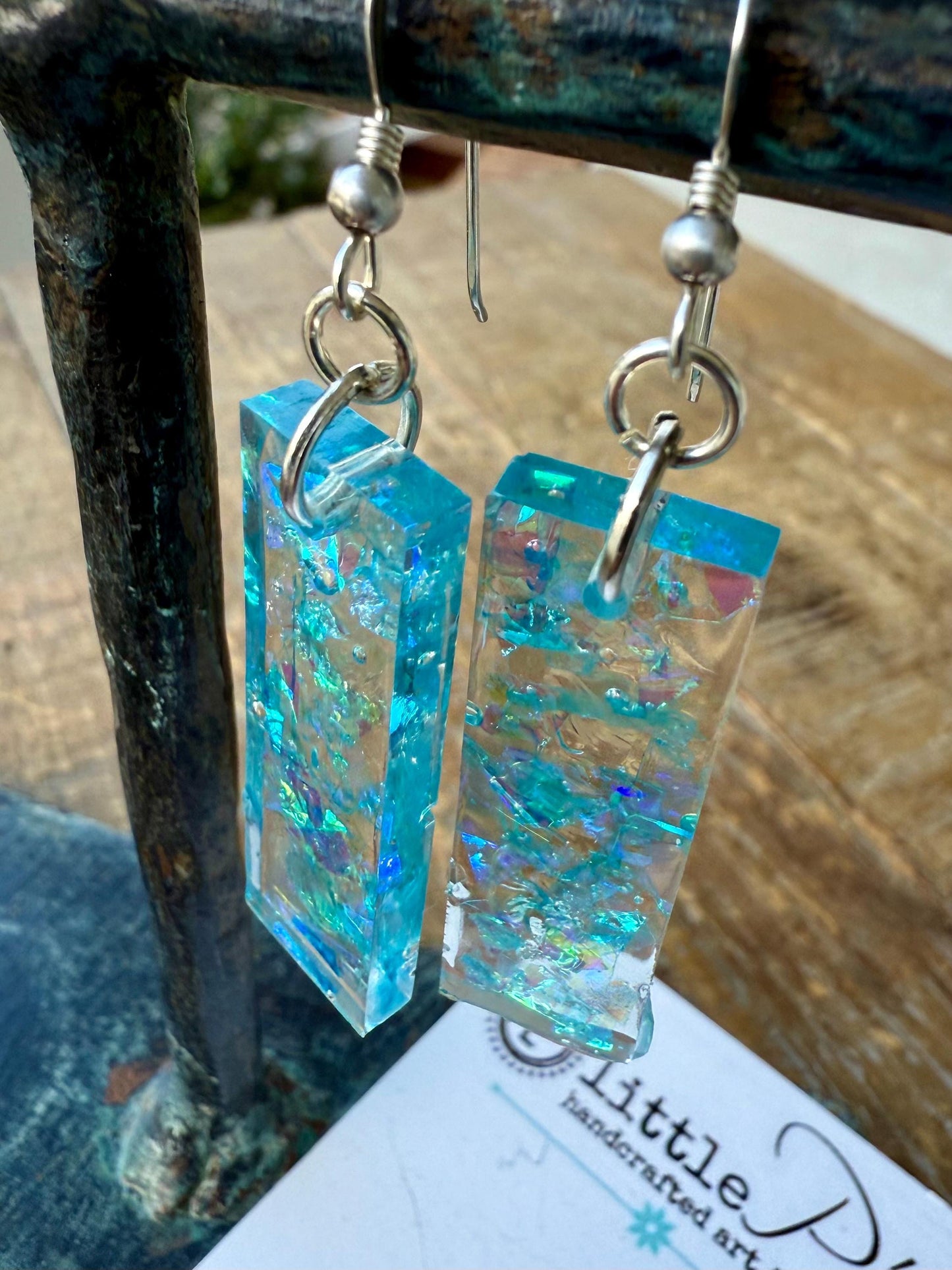 Iridescent Shimmer Resin Earrings – Handmade Eco-Friendly Dangle Earrings in Aqua & Lavender