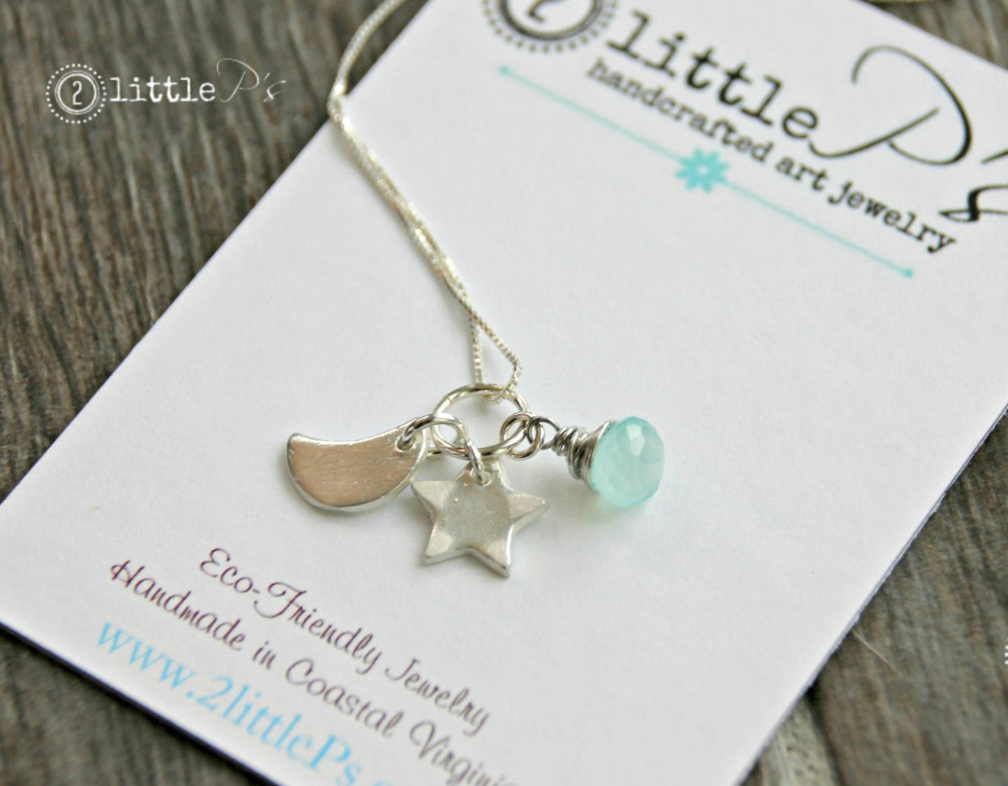 Celestial Joy – Moon, Star & Aqua Gem Charm Necklace | Eco-Friendly Sterling Silver Jewelry | Handmade in Coastal Virginia