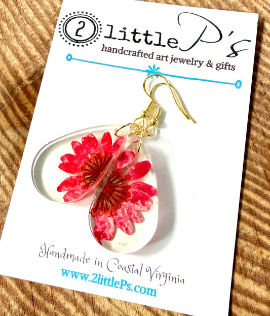 Real Flower Resin Earrings | Teardrop Dried Floral Earrings with 14k Gold-Plated Hooks | Handmade Jewelry | Gift-Ready Packaging by 2 Little