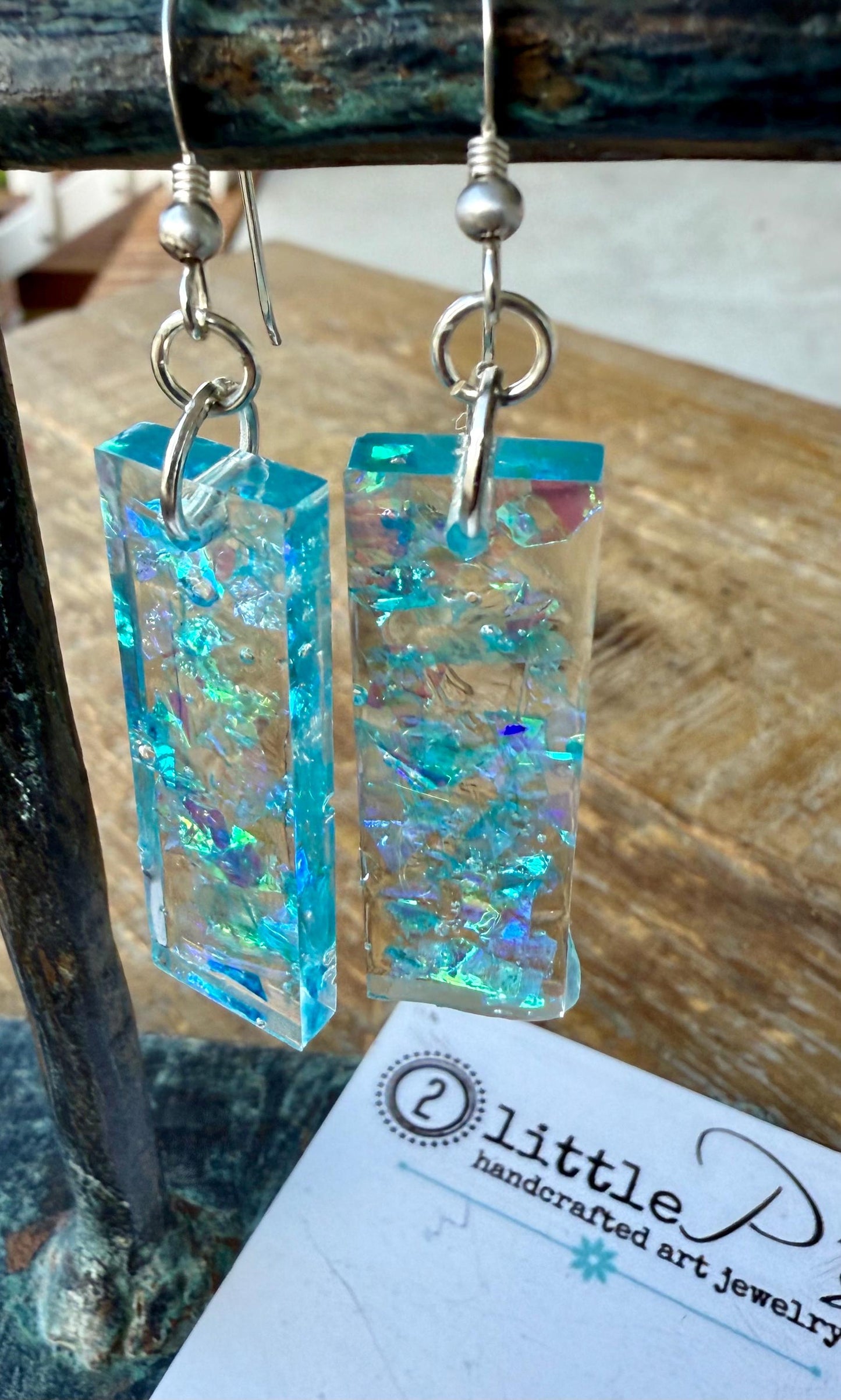 Iridescent Shimmer Resin Earrings – Handmade Eco-Friendly Dangle Earrings in Aqua & Lavender