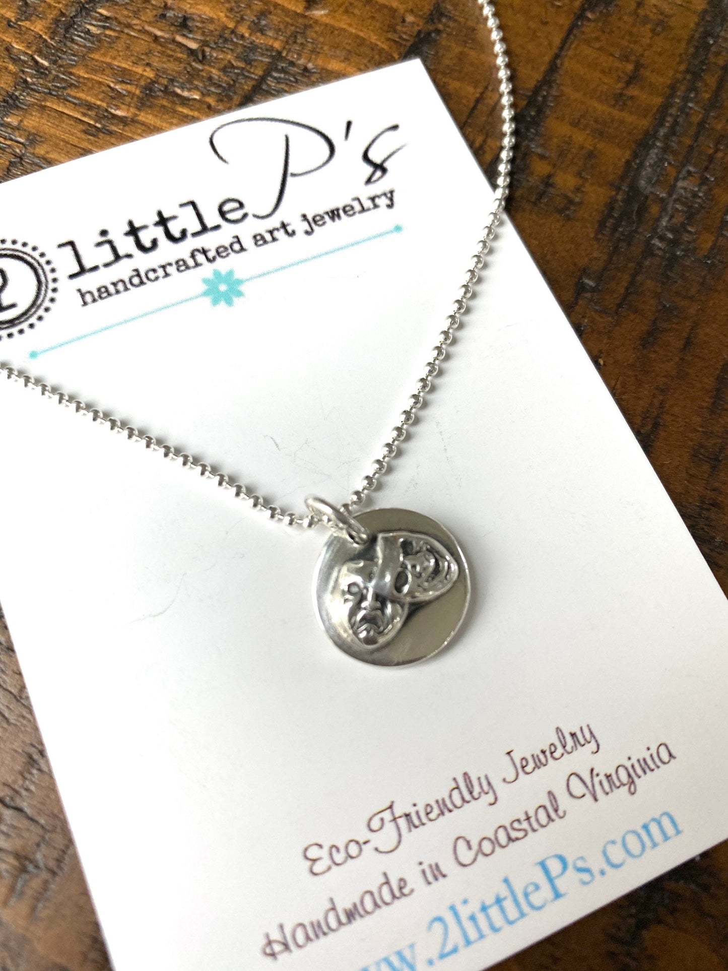 Comedy and Tragedy Charm, Handcrafted, Pure Silver, Comedy and Tragedy Pendant on 18 inch Oxidized Sterling Silver Bead Ball Chain