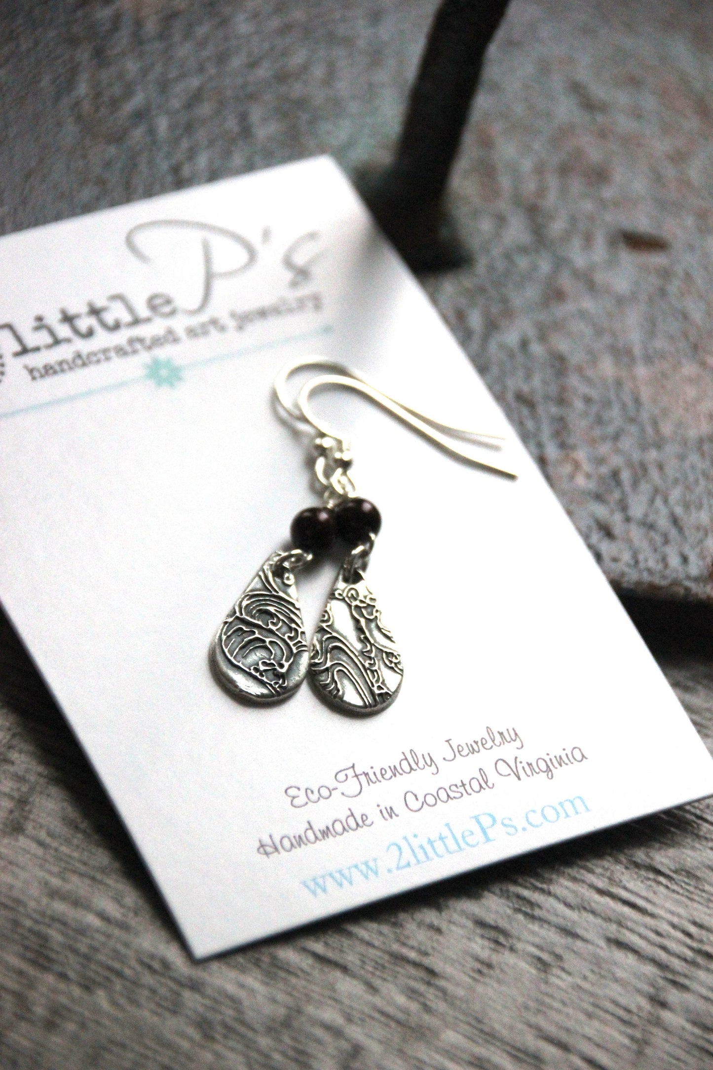 Tranquil Tides – Embossed Fine Silver & Garnet Dangle Earrings | Eco-Friendly Jewelry | Handmade in Coastal Virginia