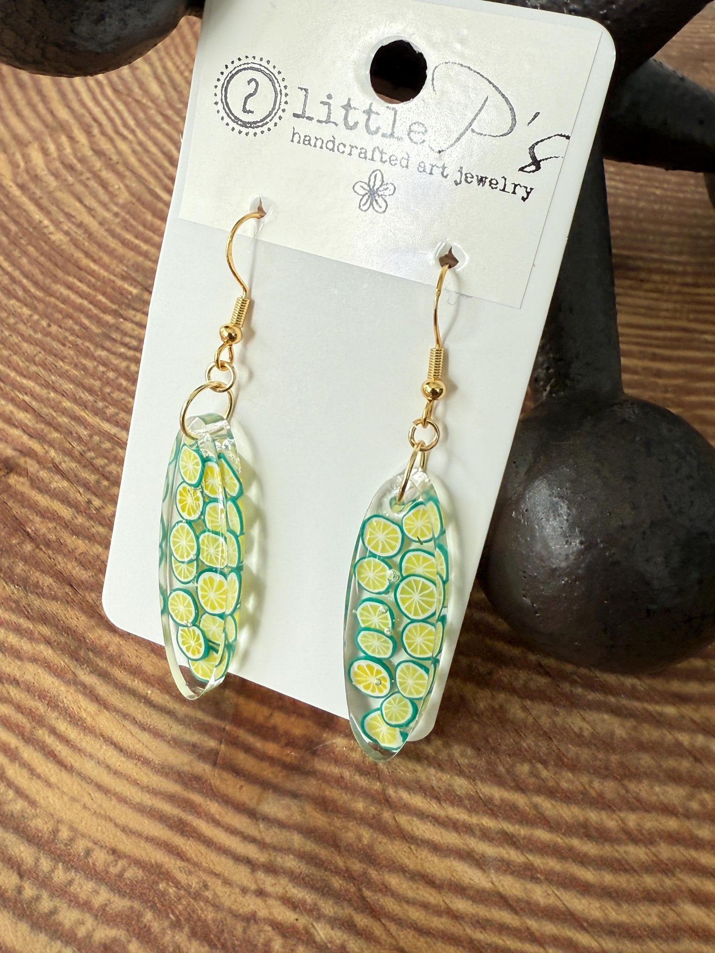 Lime Slice Resin Earrings – Handmade Citrus Dangle Earrings with Gold Hooks