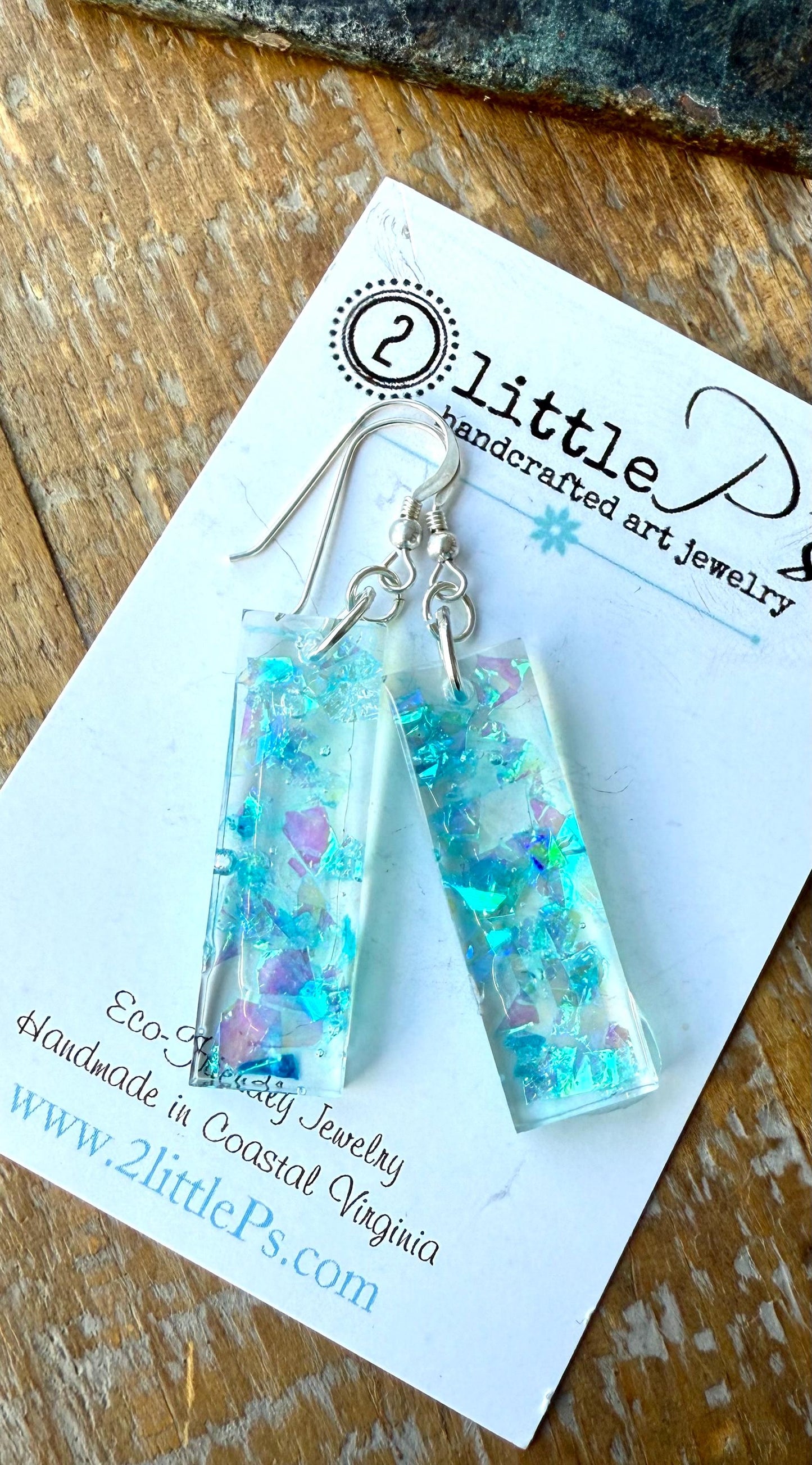 Iridescent Shimmer Resin Earrings – Handmade Eco-Friendly Dangle Earrings in Aqua & Lavender