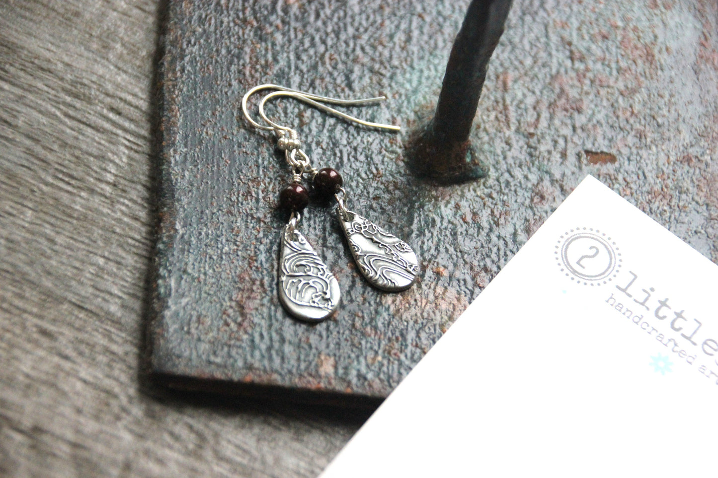Tranquil Tides – Embossed Fine Silver & Garnet Dangle Earrings | Eco-Friendly Jewelry | Handmade in Coastal Virginia