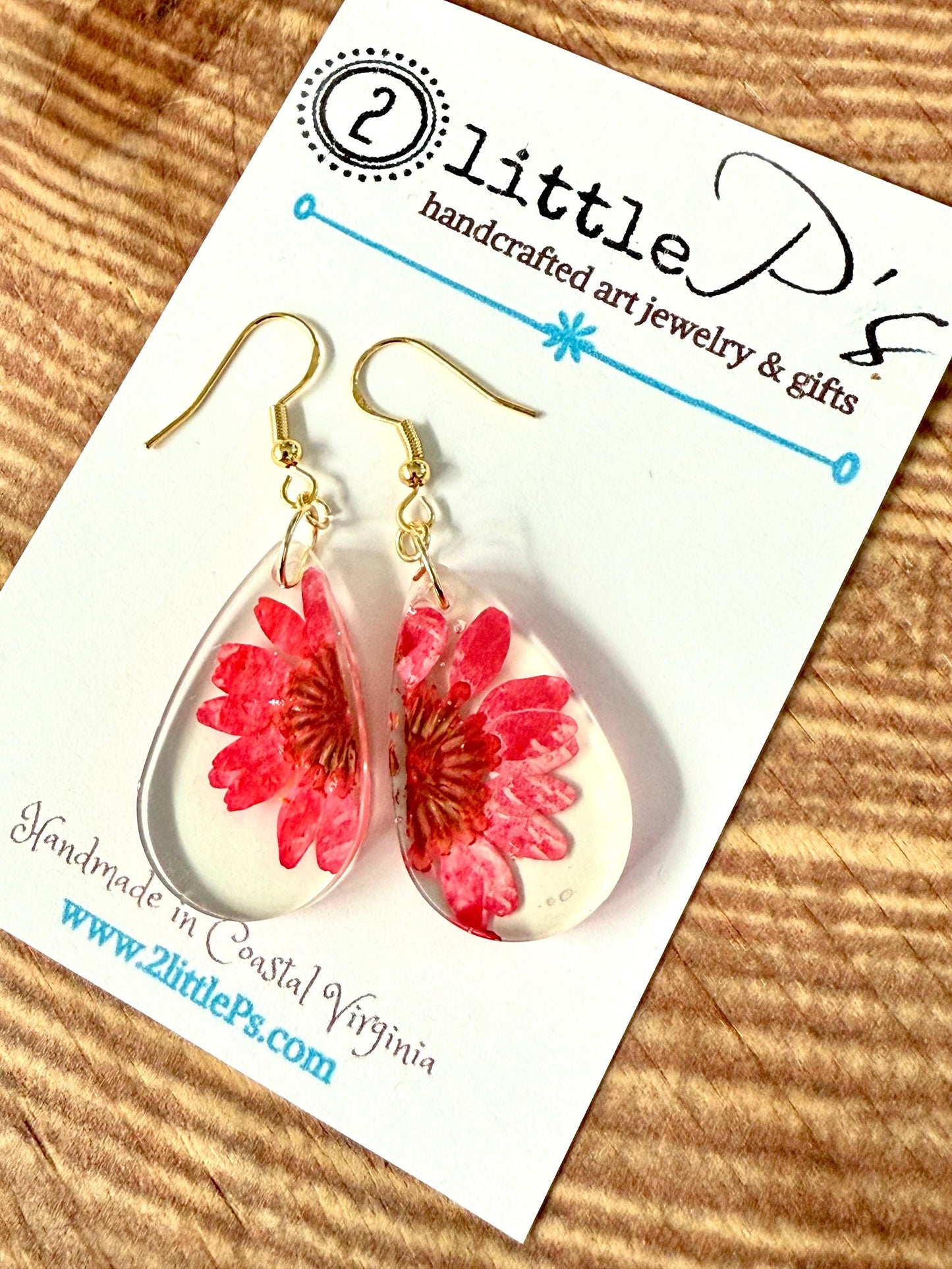 Real Flower Resin Earrings | Teardrop Dried Floral Earrings with 14k Gold-Plated Hooks | Handmade Jewelry | Gift-Ready Packaging by 2 Little