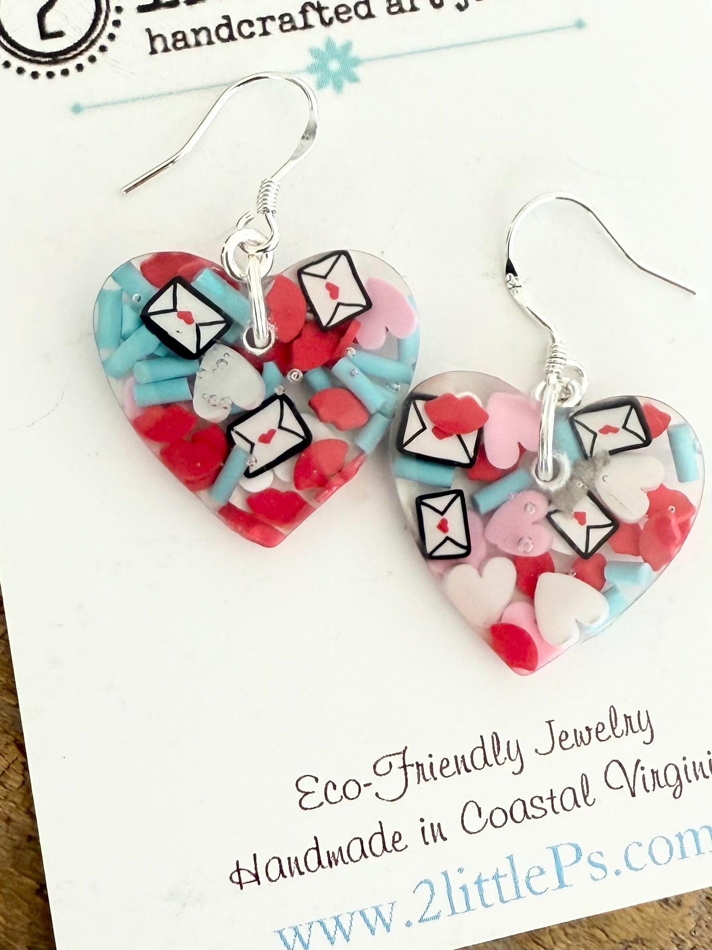 Valentine Love Letter Heart Earrings – Handmade Resin Dangles with Hearts, Lips & Envelopes