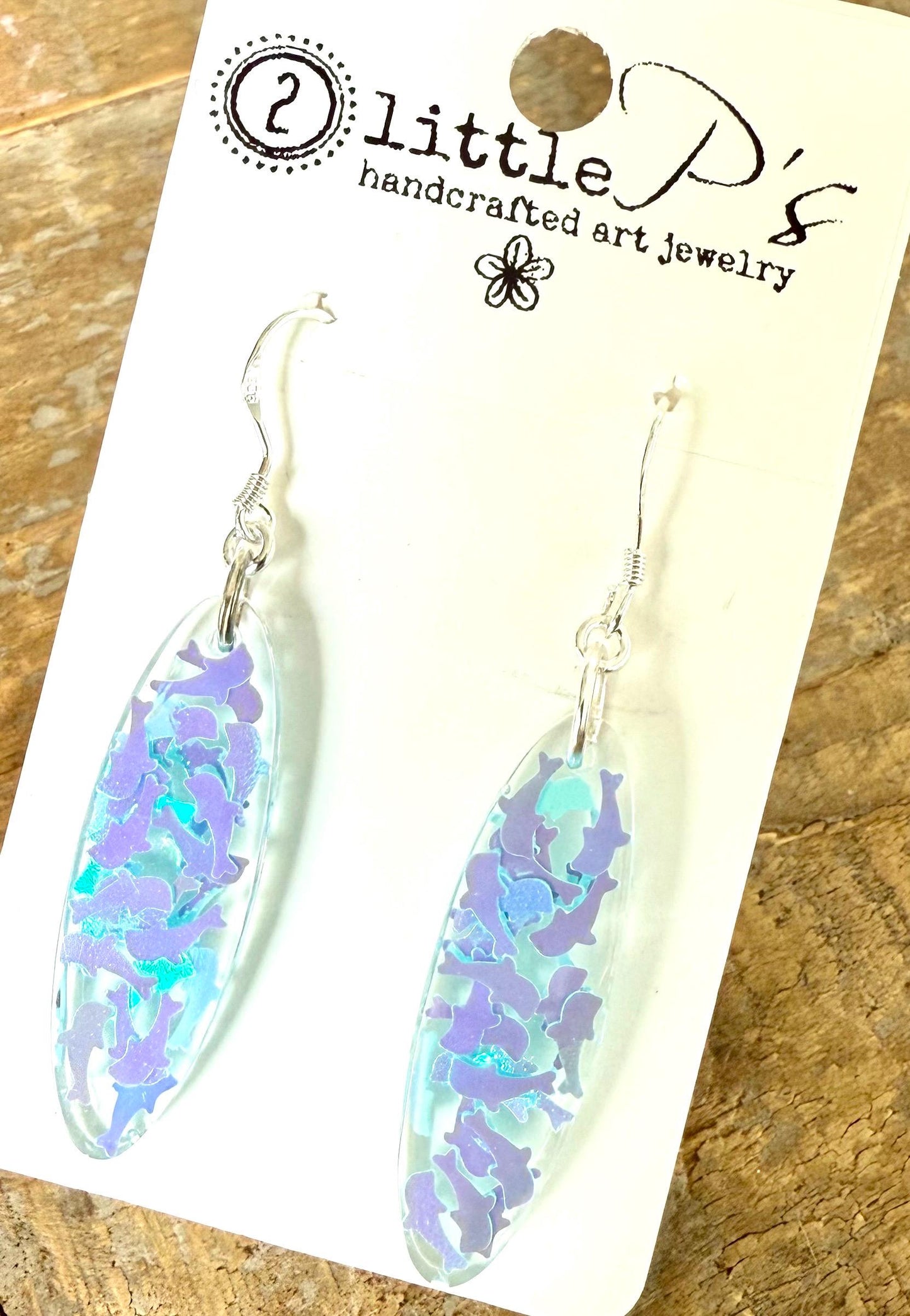 Handcrafted Resin Earrings with Iridescent Dolphin Confetti – Ocean-Inspired Dangle Earrings