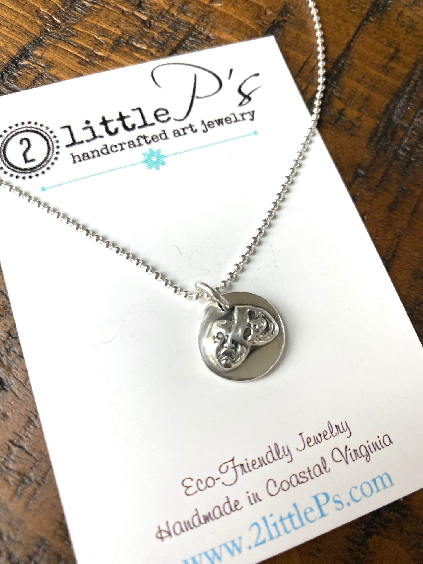 Comedy and Tragedy Charm, Handcrafted, Pure Silver, Comedy and Tragedy Pendant on 18 inch Oxidized Sterling Silver Bead Ball Chain