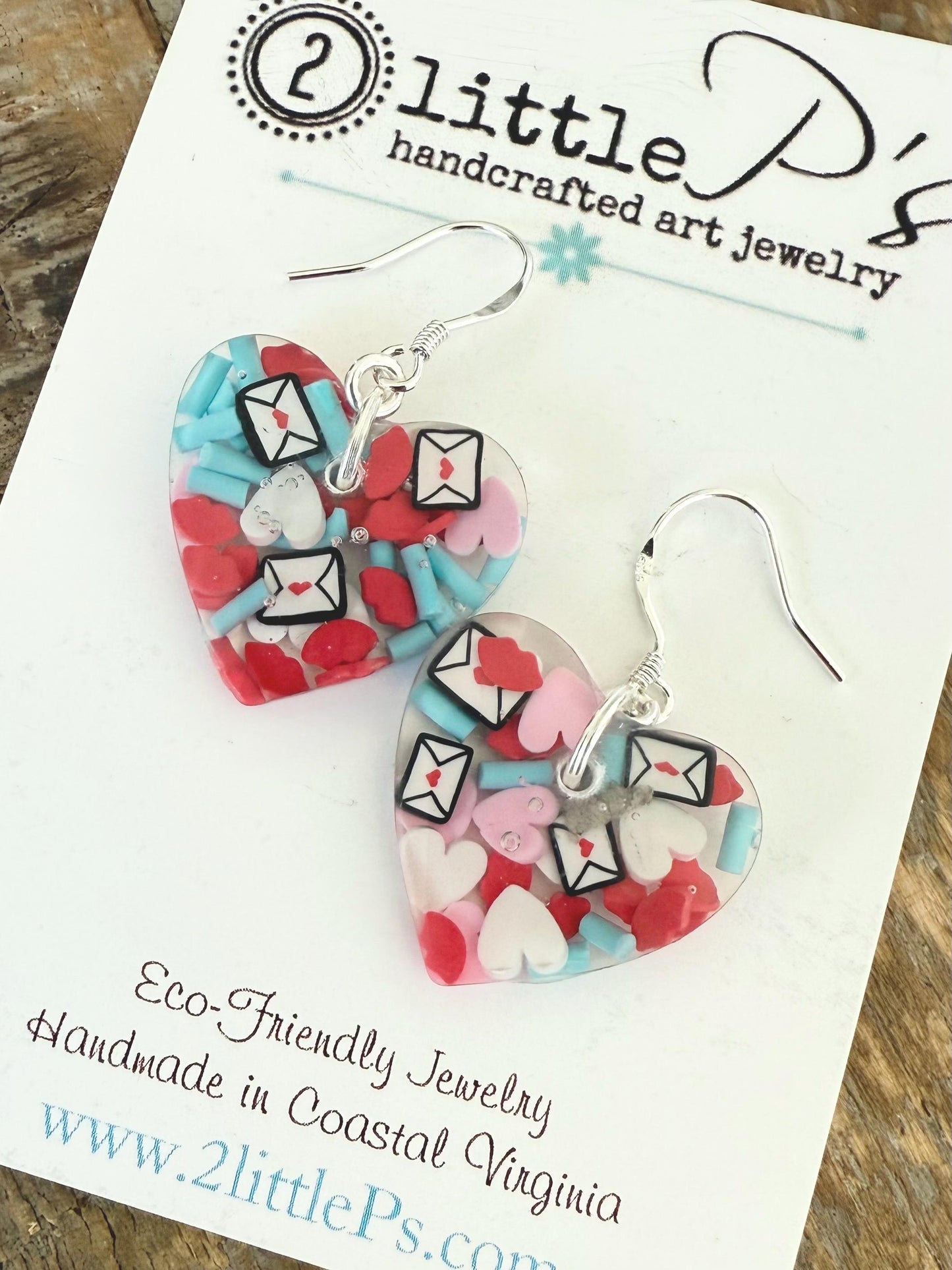 Valentine Love Letter Heart Earrings – Handmade Resin Dangles with Hearts, Lips & Envelopes