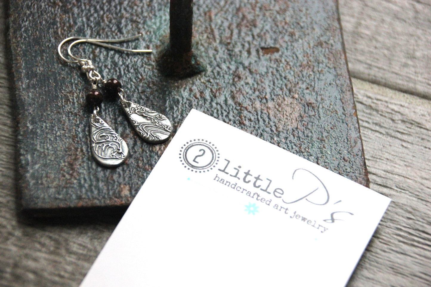 Tranquil Tides – Embossed Fine Silver & Garnet Dangle Earrings | Eco-Friendly Jewelry | Handmade in Coastal Virginia
