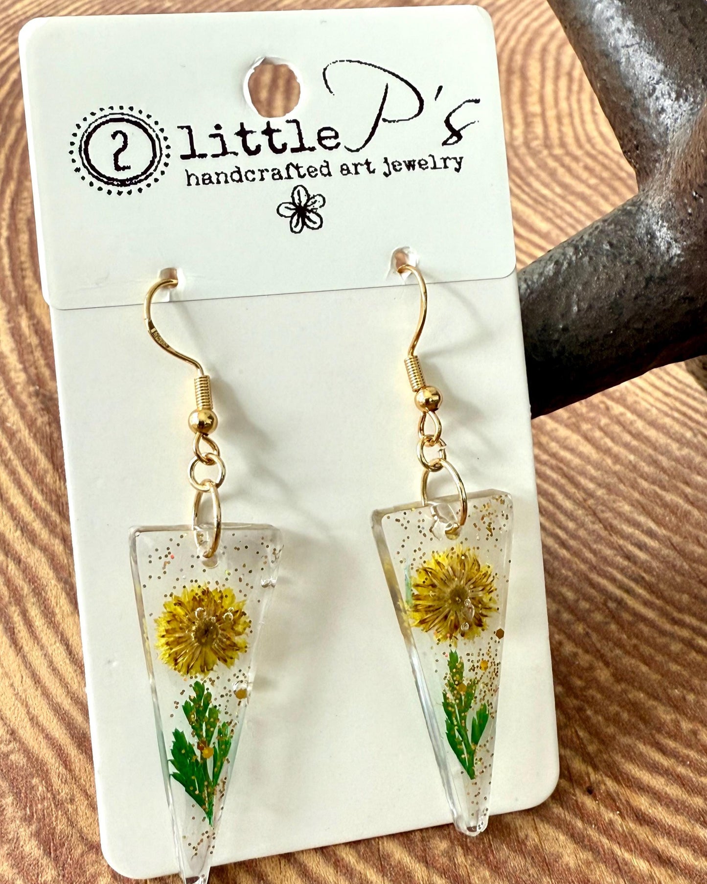 Real Dried Flower Resin Earrings – Handmade Gold Dangle Earrings with Yellow Blooms and Gold Flecks