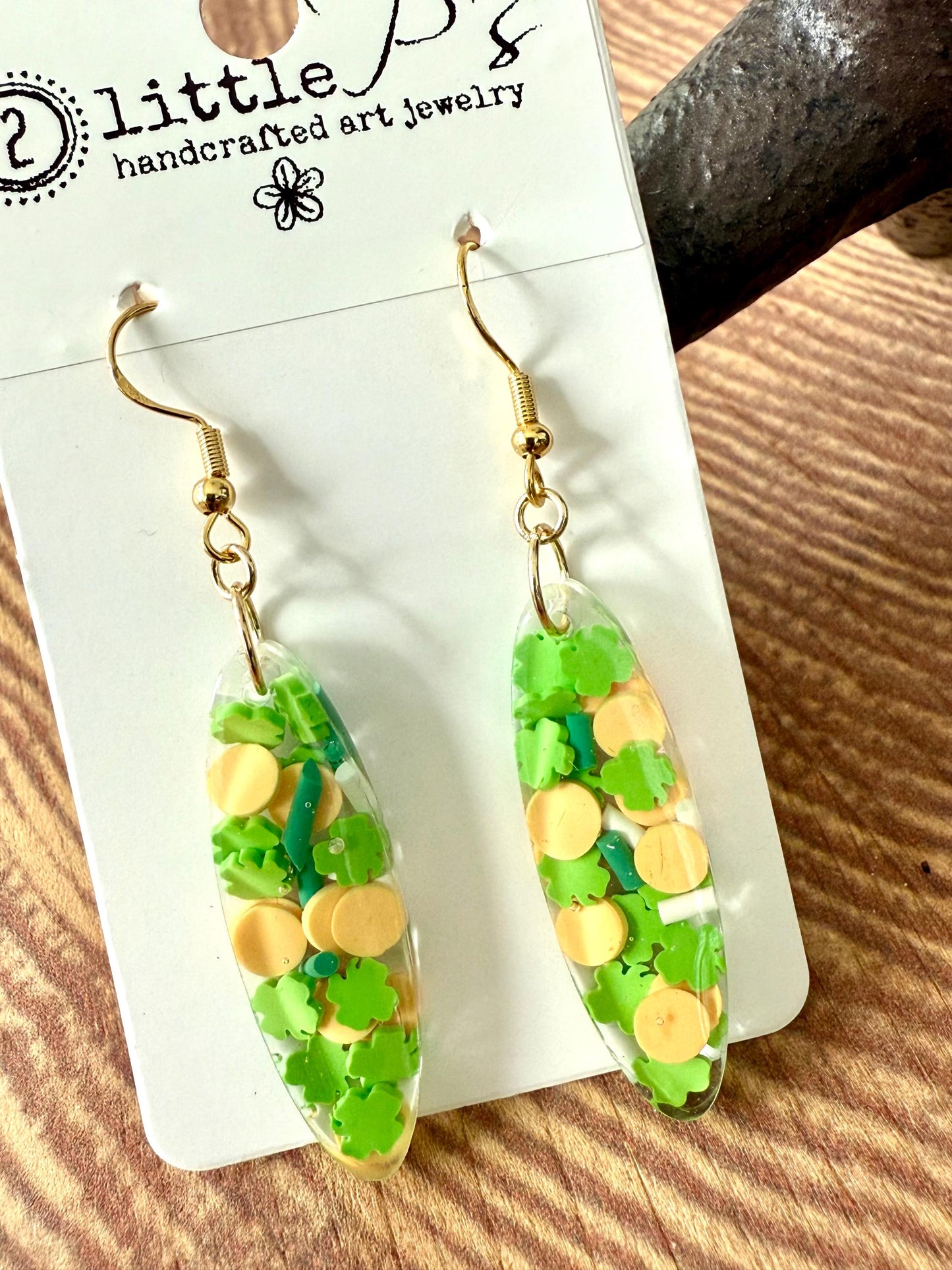 Handcrafted Resin Dangle Earrings with Green Shamrock & Yellow Dot Accents – St. Patrick’s Day Inspired Jewelry