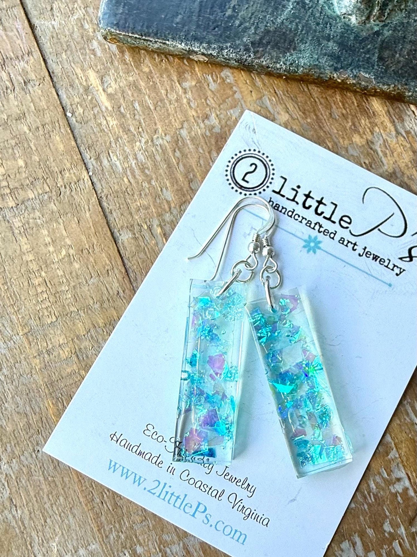 Iridescent Shimmer Resin Earrings – Handmade Eco-Friendly Dangle Earrings in Aqua & Lavender