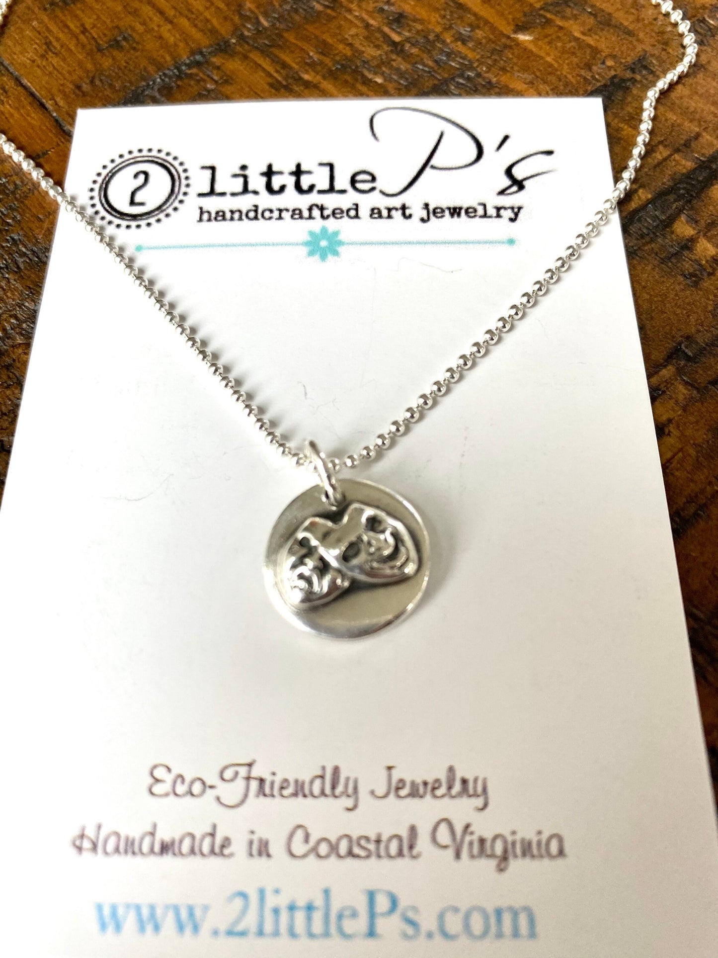 Comedy and Tragedy Charm, Handcrafted, Pure Silver, Comedy and Tragedy Pendant on 18 inch Oxidized Sterling Silver Bead Ball Chain