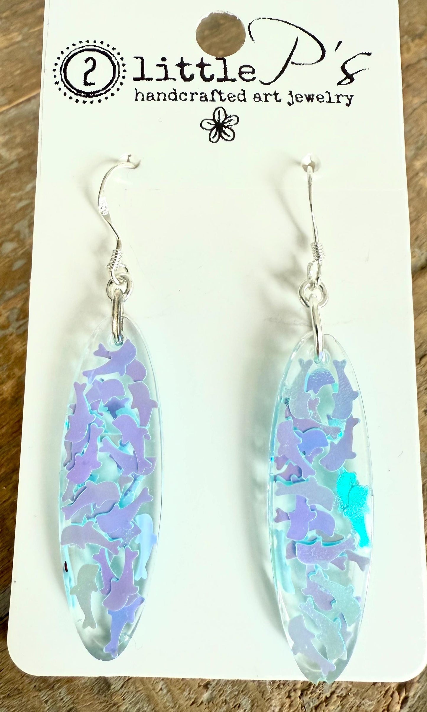 Handcrafted Resin Earrings with Iridescent Dolphin Confetti – Ocean-Inspired Dangle Earrings