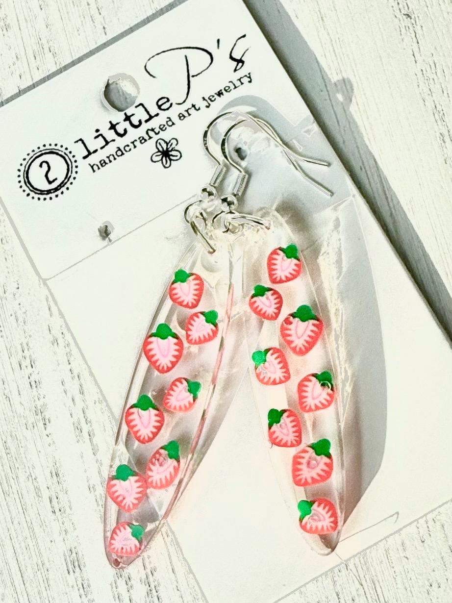Handcrafted Strawberry Dangle Earrings – Resin Fruit Earrings – Cute Statement Jewelry – Gift for Her – Handmade by 2 Little P’s