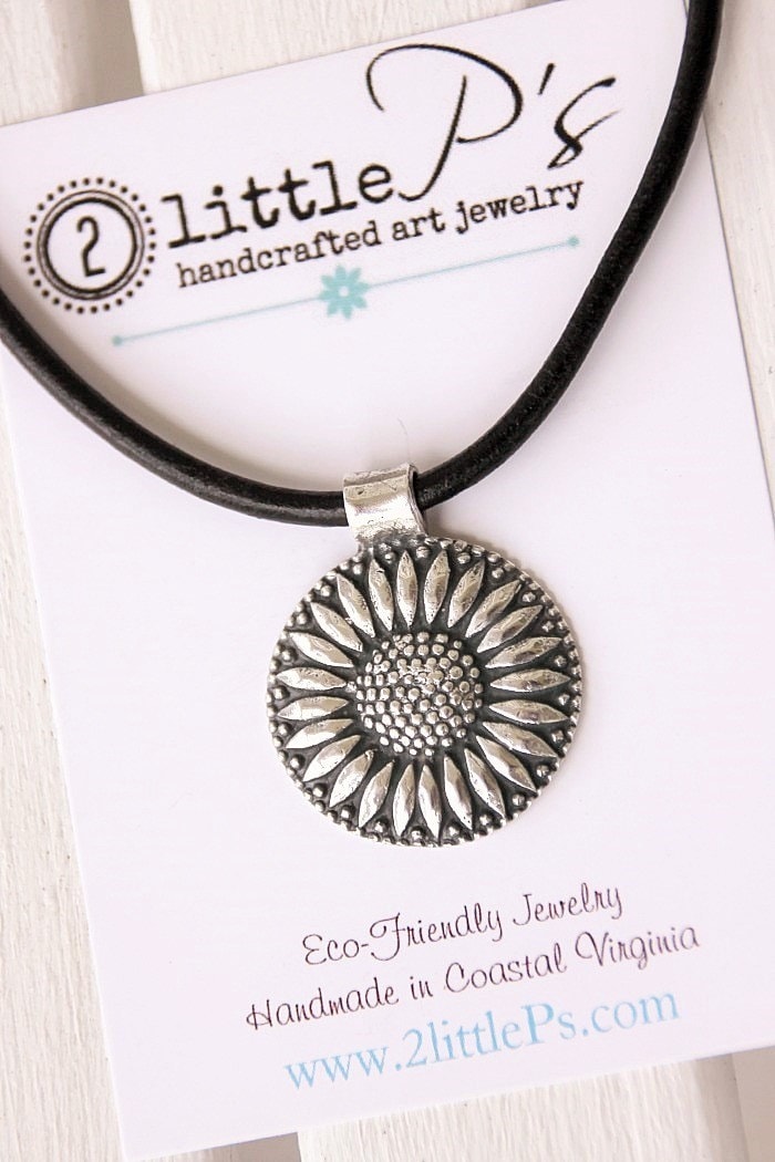 Cowgirl Jewelry ~ Sunflower ~ Pure Fine Silver Cowgirl Sunflower Pendant on Leather