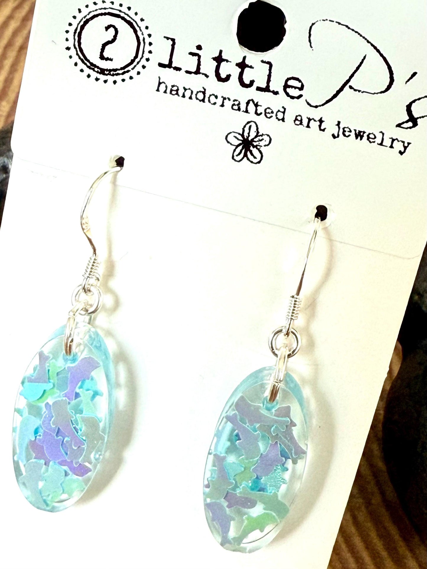 Handcrafted Resin Earrings with Iridescent Dolphin Confetti – Ocean-Inspired Dangle Earrings