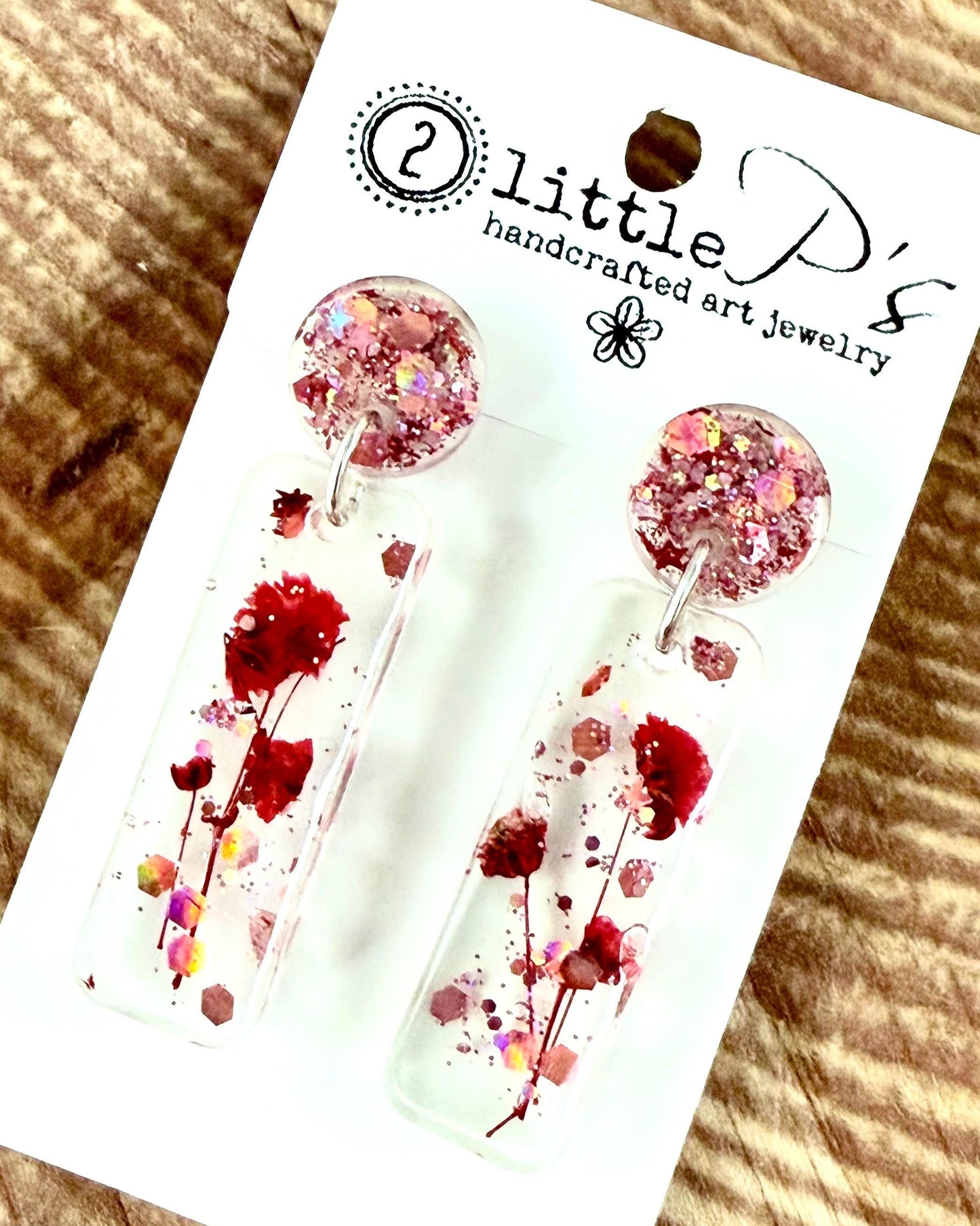 Blushing Bloom Resin Earrings – Pressed Flower Dangle Earrings with Pink Glitter Studs | Lightweight Handmade Gift