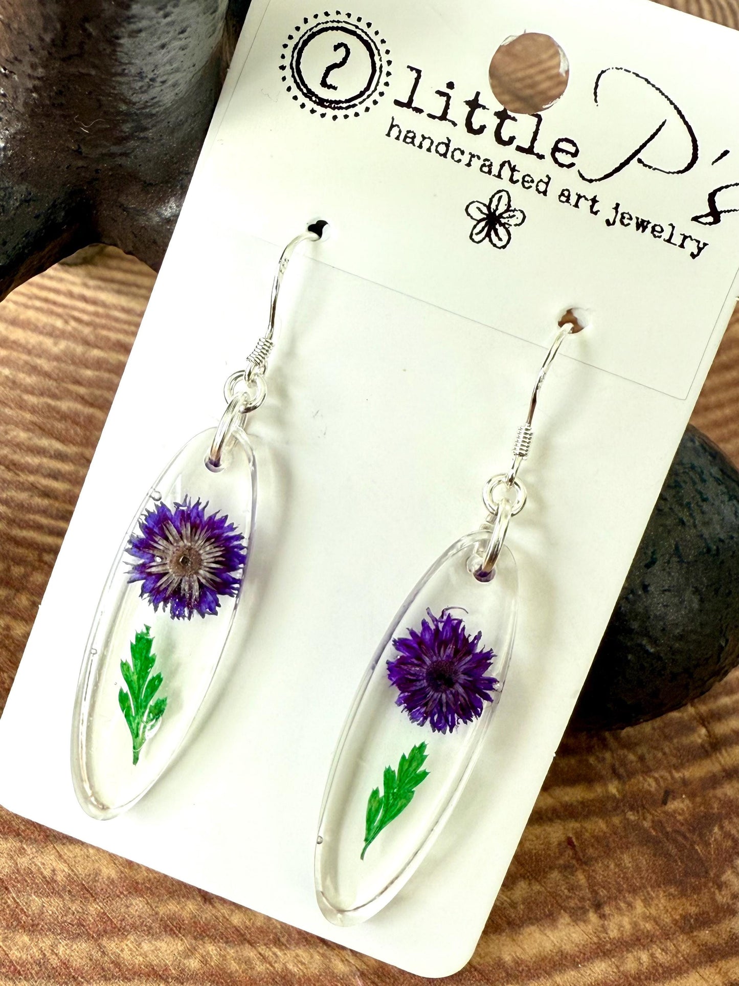 Purple Pressed Flower Earrings – Oval Resin Botanical Jewelry – Handmade Eco-Friendly Gift