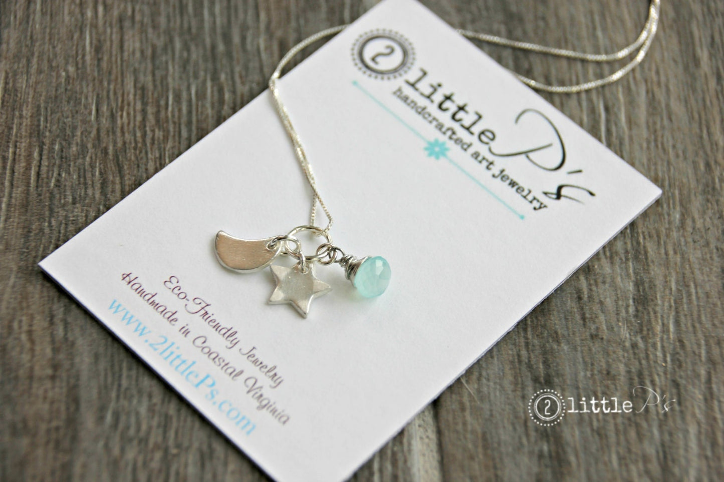 Celestial Joy – Moon, Star & Aqua Gem Charm Necklace | Eco-Friendly Sterling Silver Jewelry | Handmade in Coastal Virginia