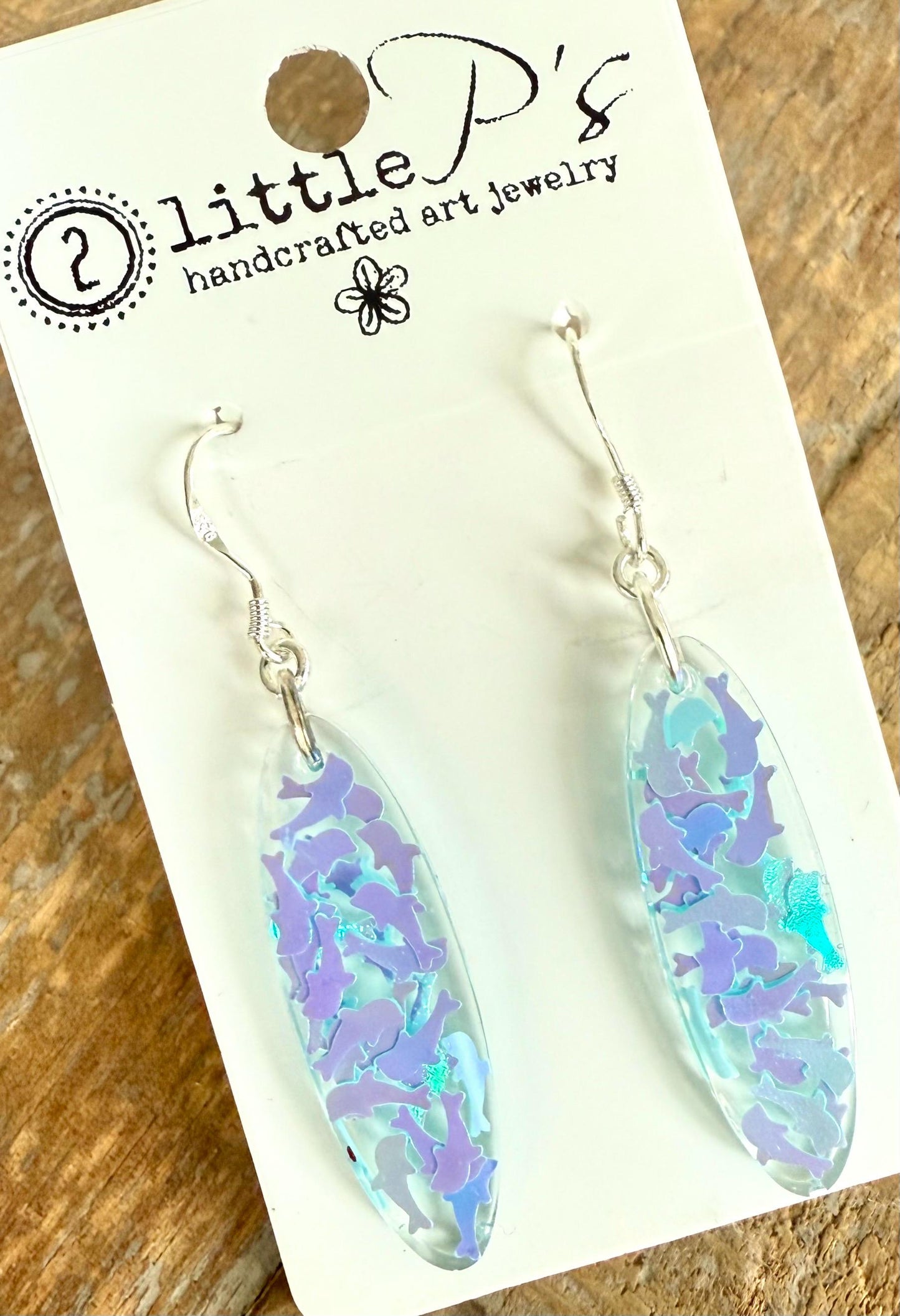 Handcrafted Resin Earrings with Iridescent Dolphin Confetti – Ocean-Inspired Dangle Earrings