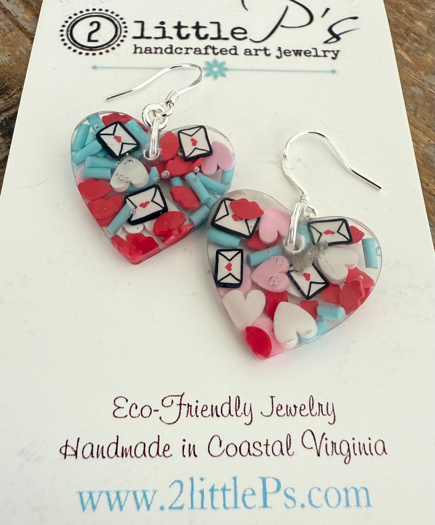Valentine Love Letter Heart Earrings – Handmade Resin Dangles with Hearts, Lips & Envelopes