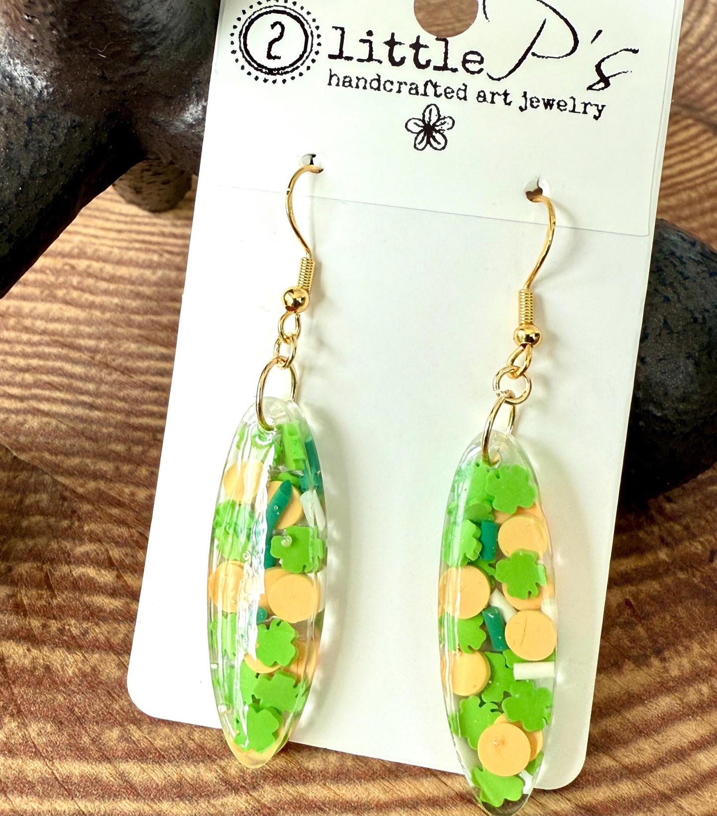Handcrafted Resin Dangle Earrings with Green Shamrock & Yellow Dot Accents – St. Patrick’s Day Inspired Jewelry