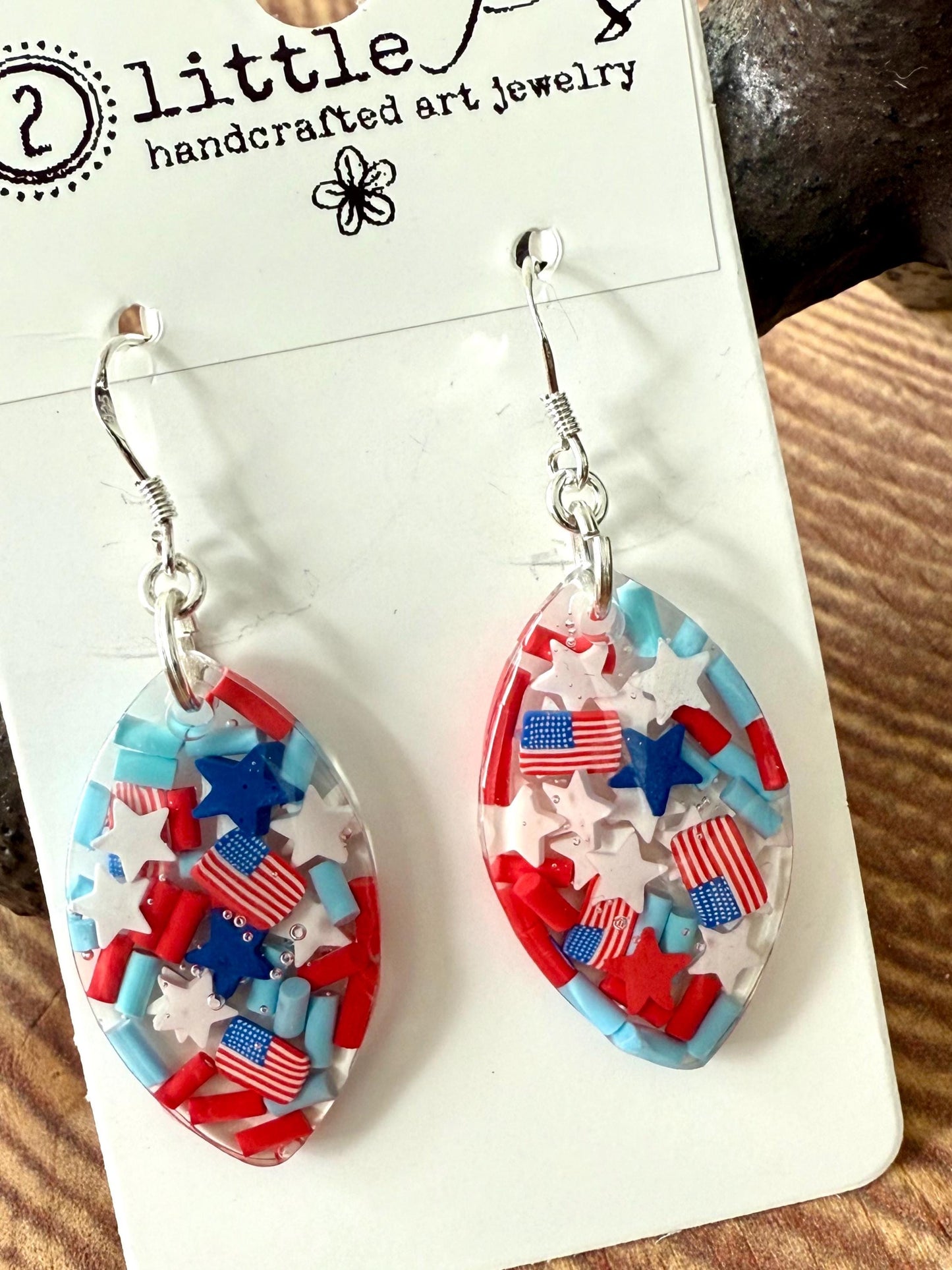 Patriotic Oval Resin Earrings Handmade Red, White and Blue Dangle Earrings with Stars & Flags