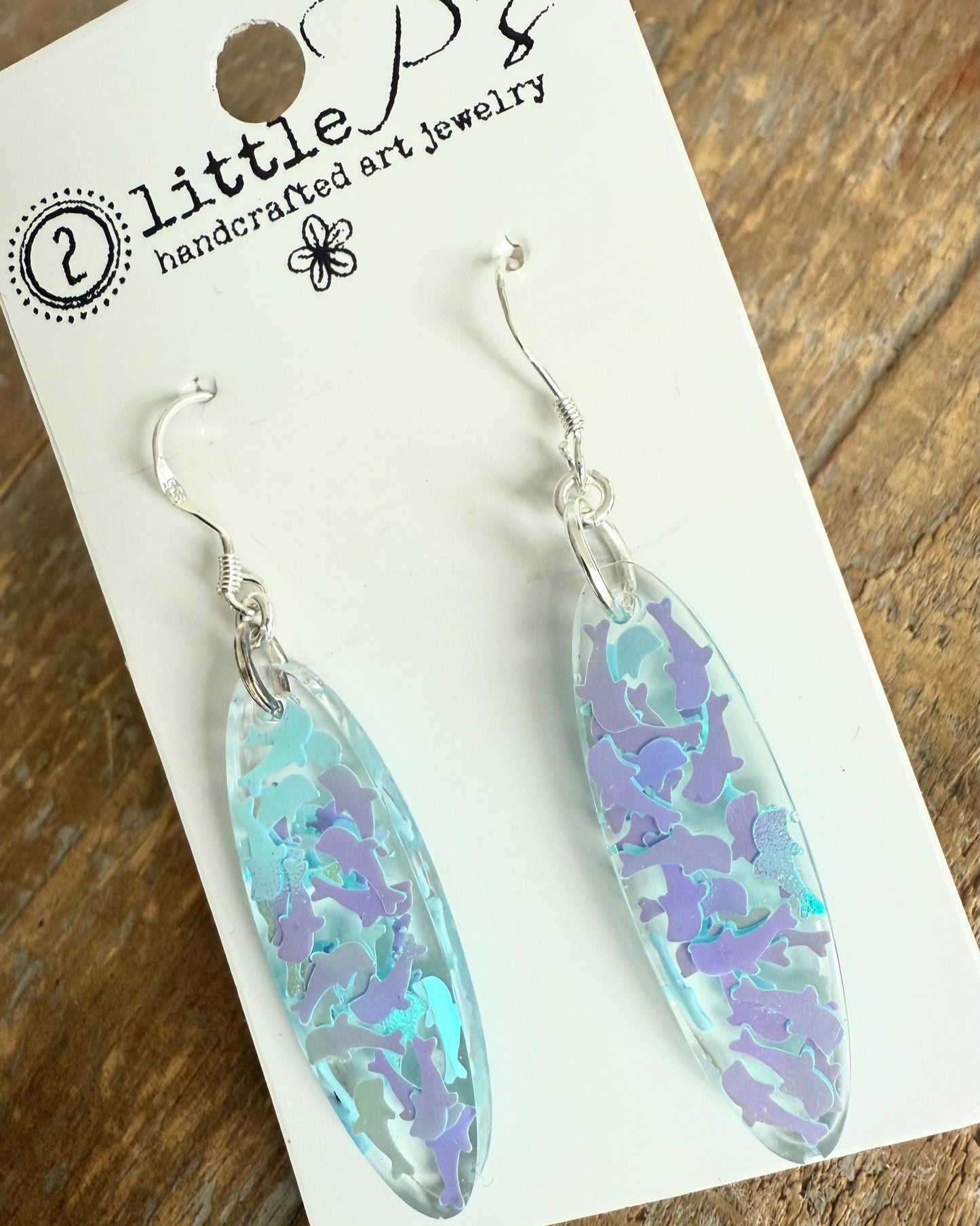 Handcrafted Resin Earrings with Iridescent Dolphin Confetti – Ocean-Inspired Dangle Earrings