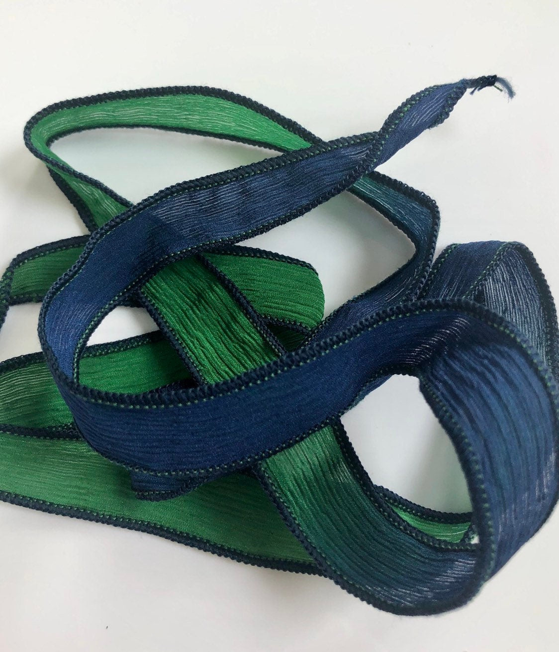Silk Wrap Ribbon, Silk Ribbon Wrap ~ Navy and Green Silk Wrap Ribbon - One Ribbon