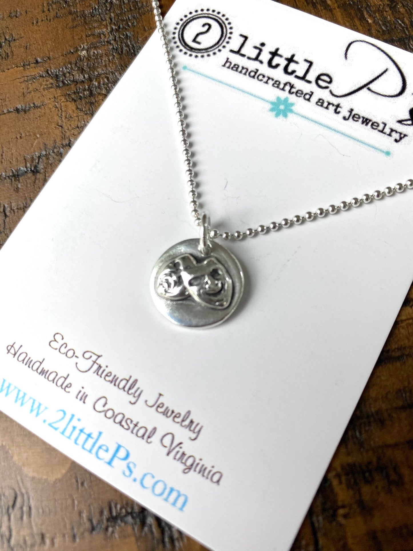 Comedy and Tragedy Charm, Handcrafted, Pure Silver, Comedy and Tragedy Pendant on 18 inch Oxidized Sterling Silver Bead Ball Chain
