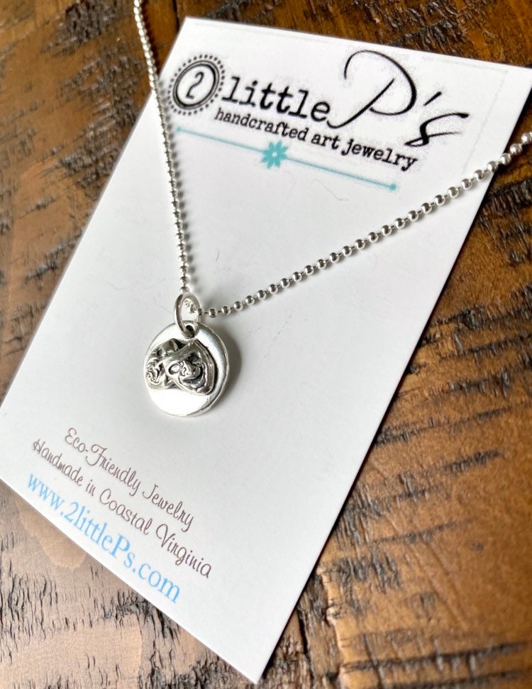 Comedy and Tragedy Charm, Handcrafted, Pure Silver, Comedy and Tragedy Pendant on 18 inch Oxidized Sterling Silver Bead Ball Chain