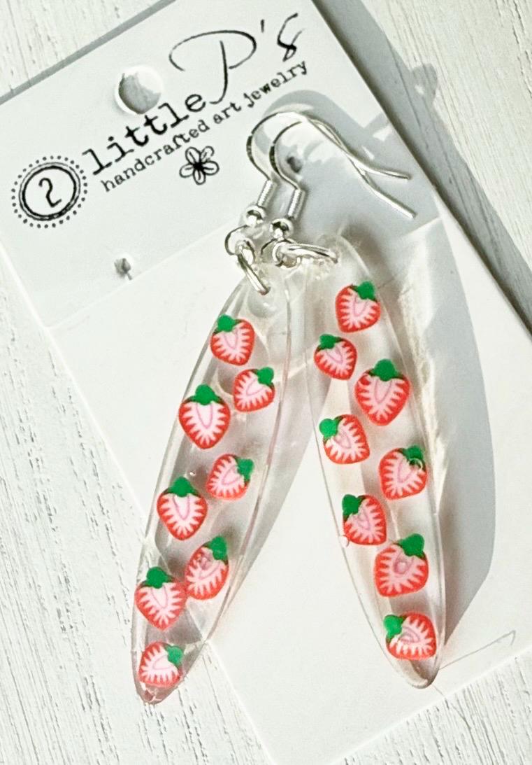 Handcrafted Strawberry Dangle Earrings – Resin Fruit Earrings – Cute Statement Jewelry – Gift for Her – Handmade by 2 Little P’s