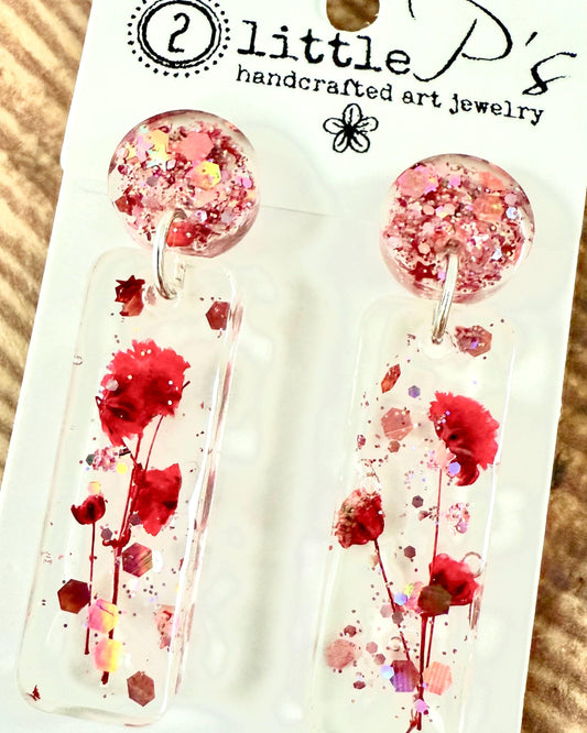 Blushing Bloom Resin Earrings – Pressed Flower Dangle Earrings with Pink Glitter Studs | Lightweight Handmade Gift
