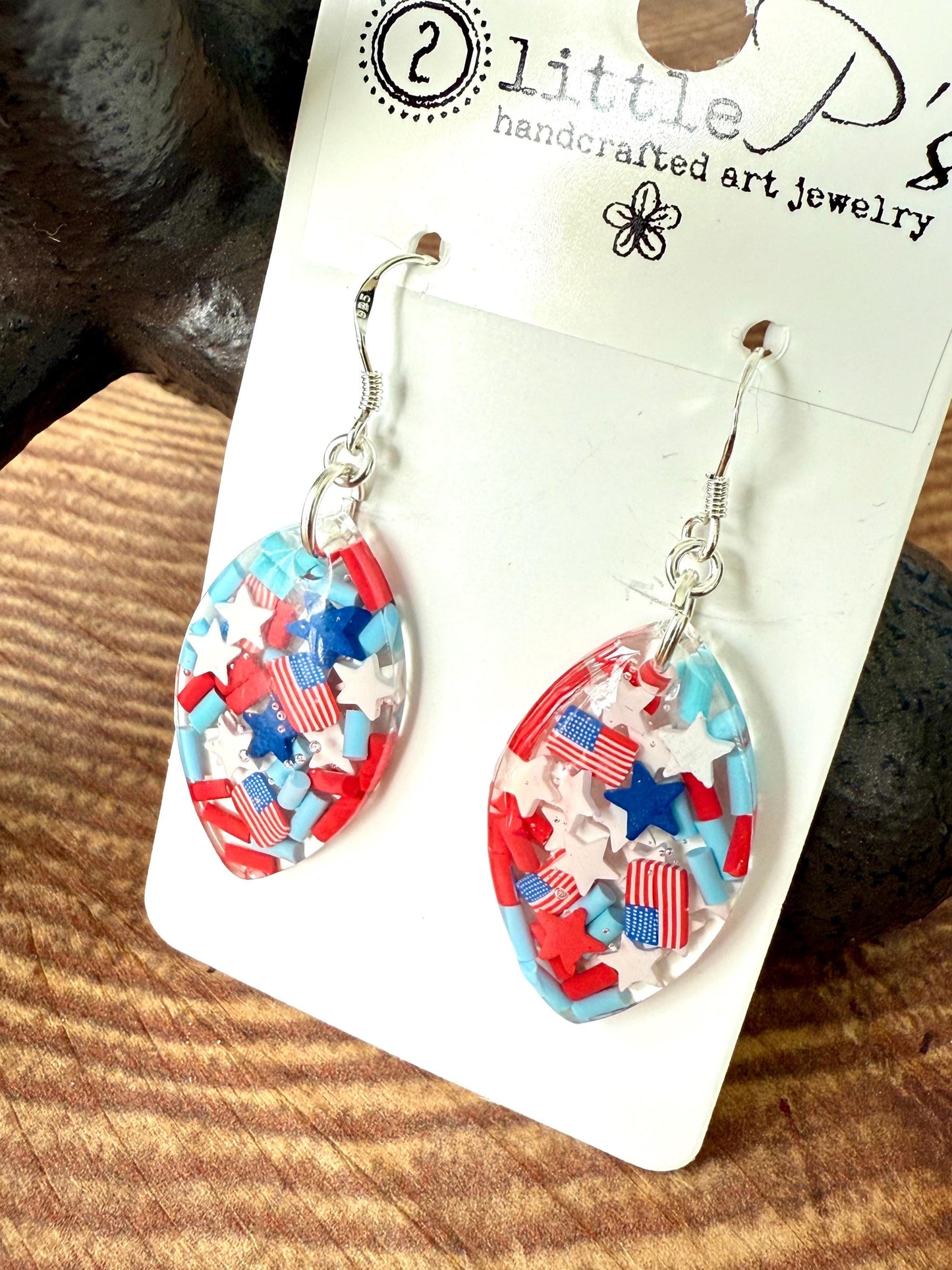 Patriotic Oval Resin Earrings Handmade Red, White and Blue Dangle Earrings with Stars & Flags