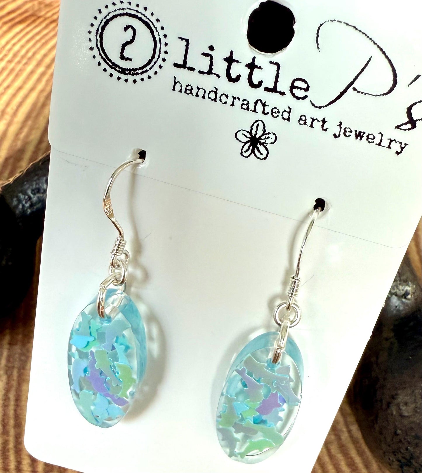 Handcrafted Resin Earrings with Iridescent Dolphin Confetti – Ocean-Inspired Dangle Earrings