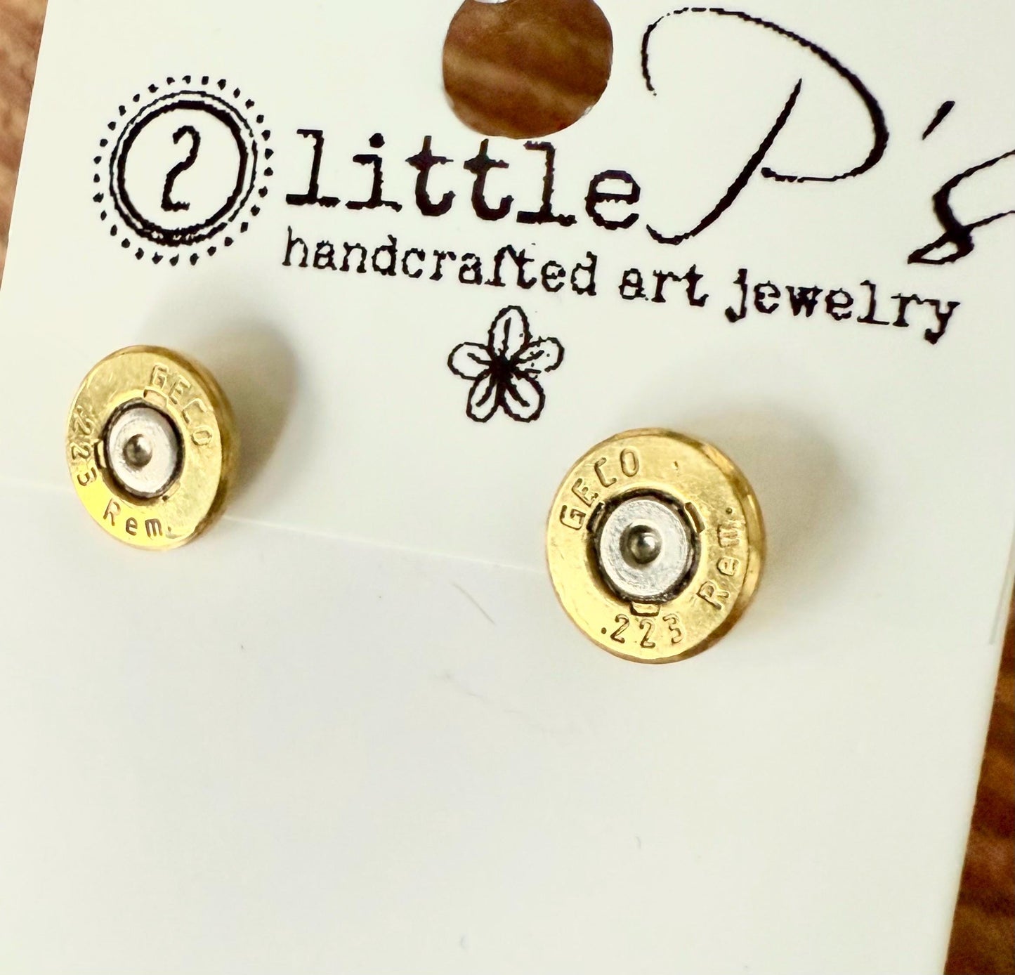 Recycled .223 Bullet Stud Earrings | Brass Shell Casing Jewelry | Handcrafted by 2 Little P’s