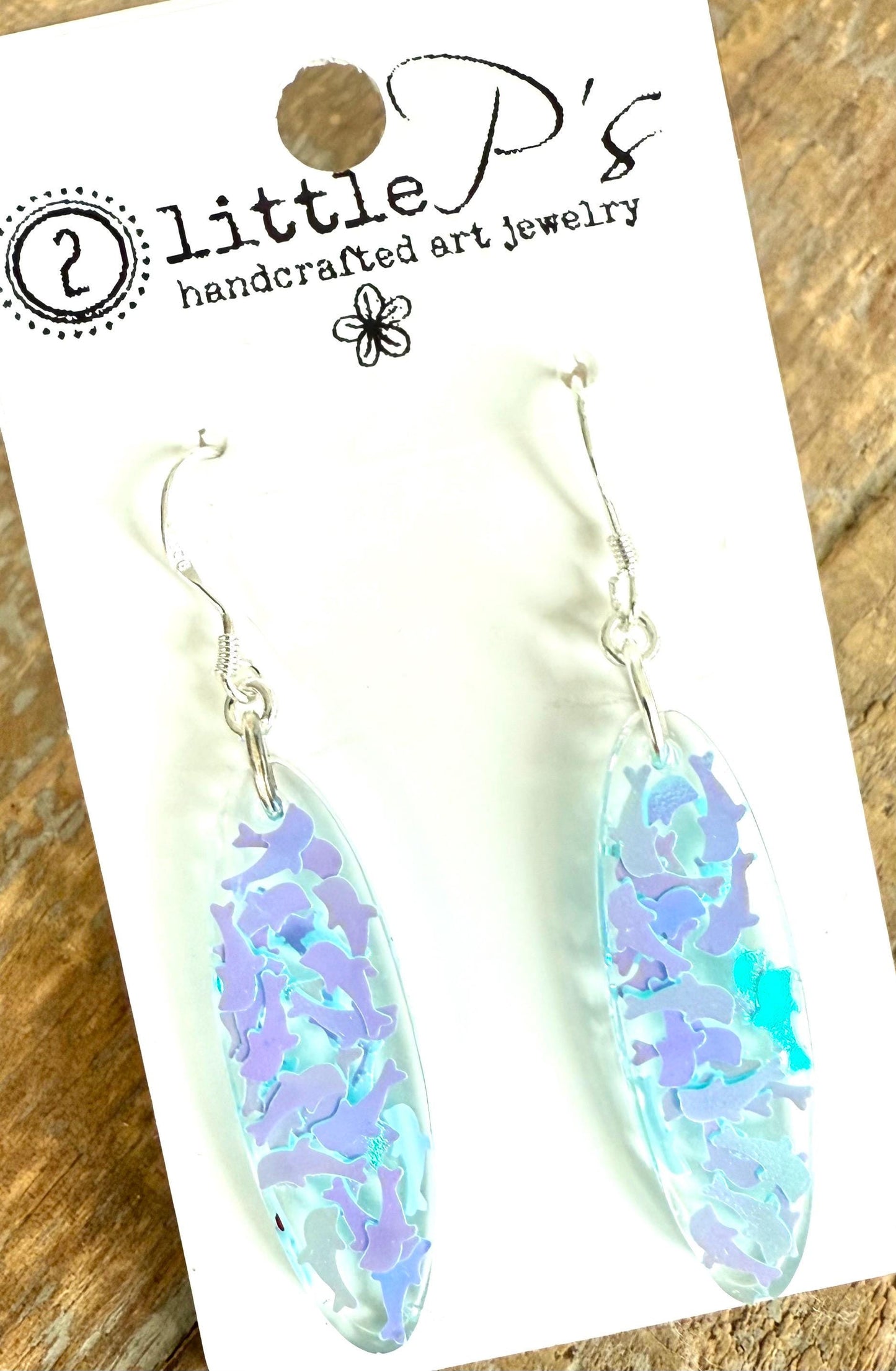 Handcrafted Resin Earrings with Iridescent Dolphin Confetti – Ocean-Inspired Dangle Earrings