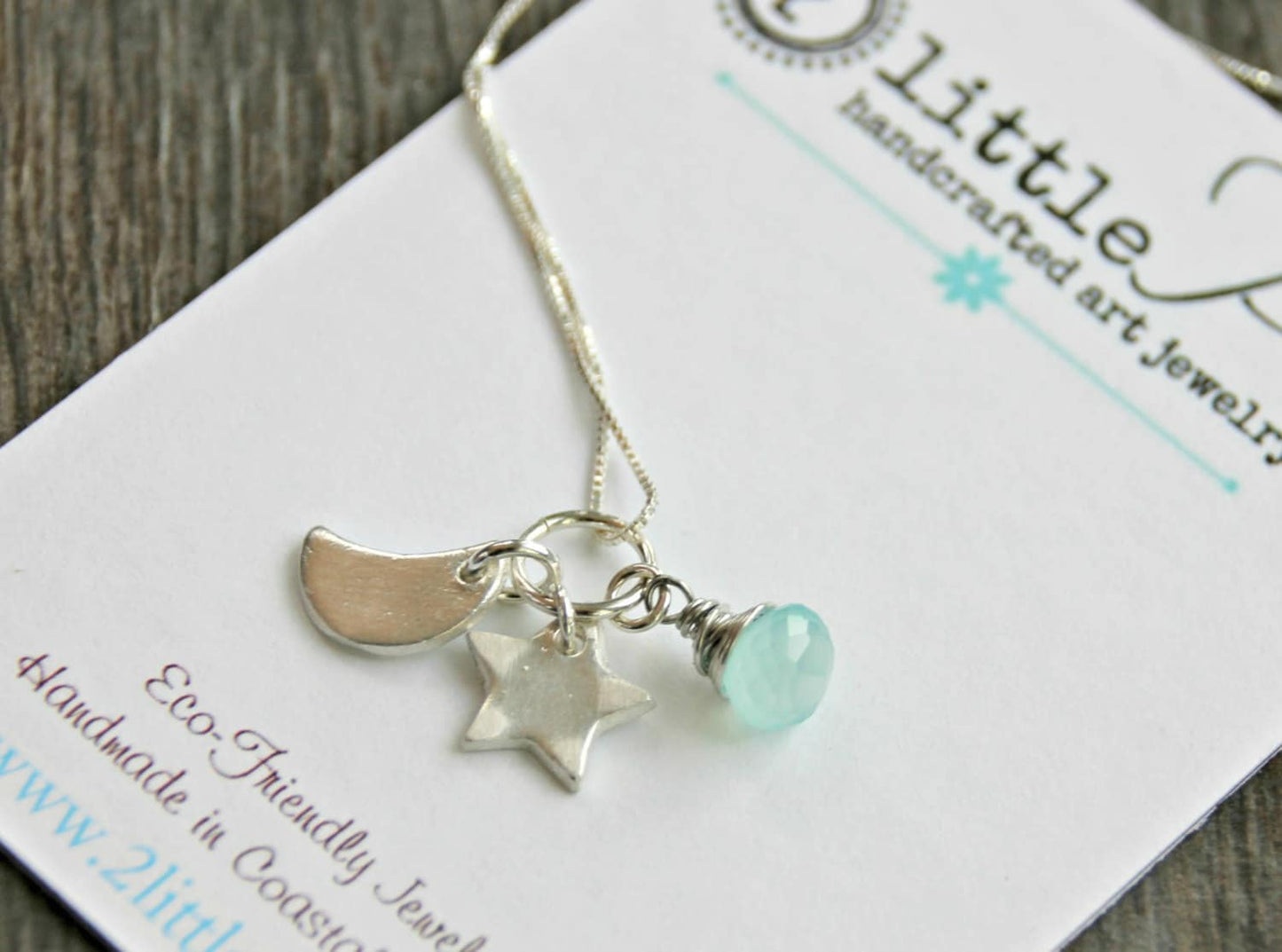 Celestial Joy – Moon, Star & Aqua Gem Charm Necklace | Eco-Friendly Sterling Silver Jewelry | Handmade in Coastal Virginia