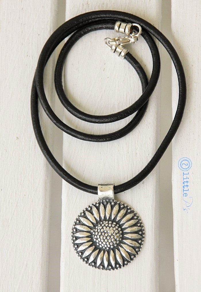 Cowgirl Jewelry ~ Sunflower ~ Pure Fine Silver Cowgirl Sunflower Pendant on Leather